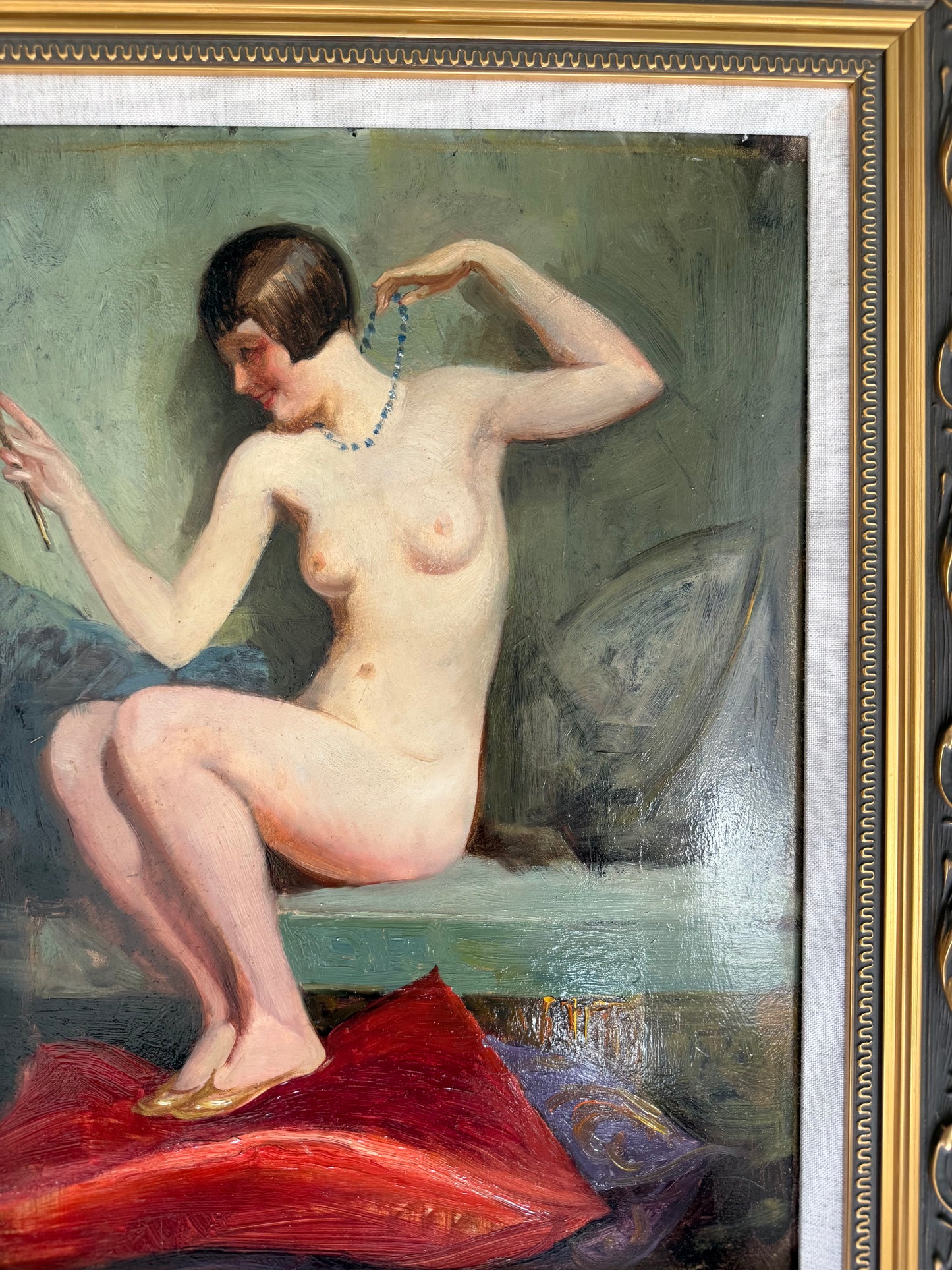“Nude with Mirror” – European Oil on Board, Mid-20th Century
