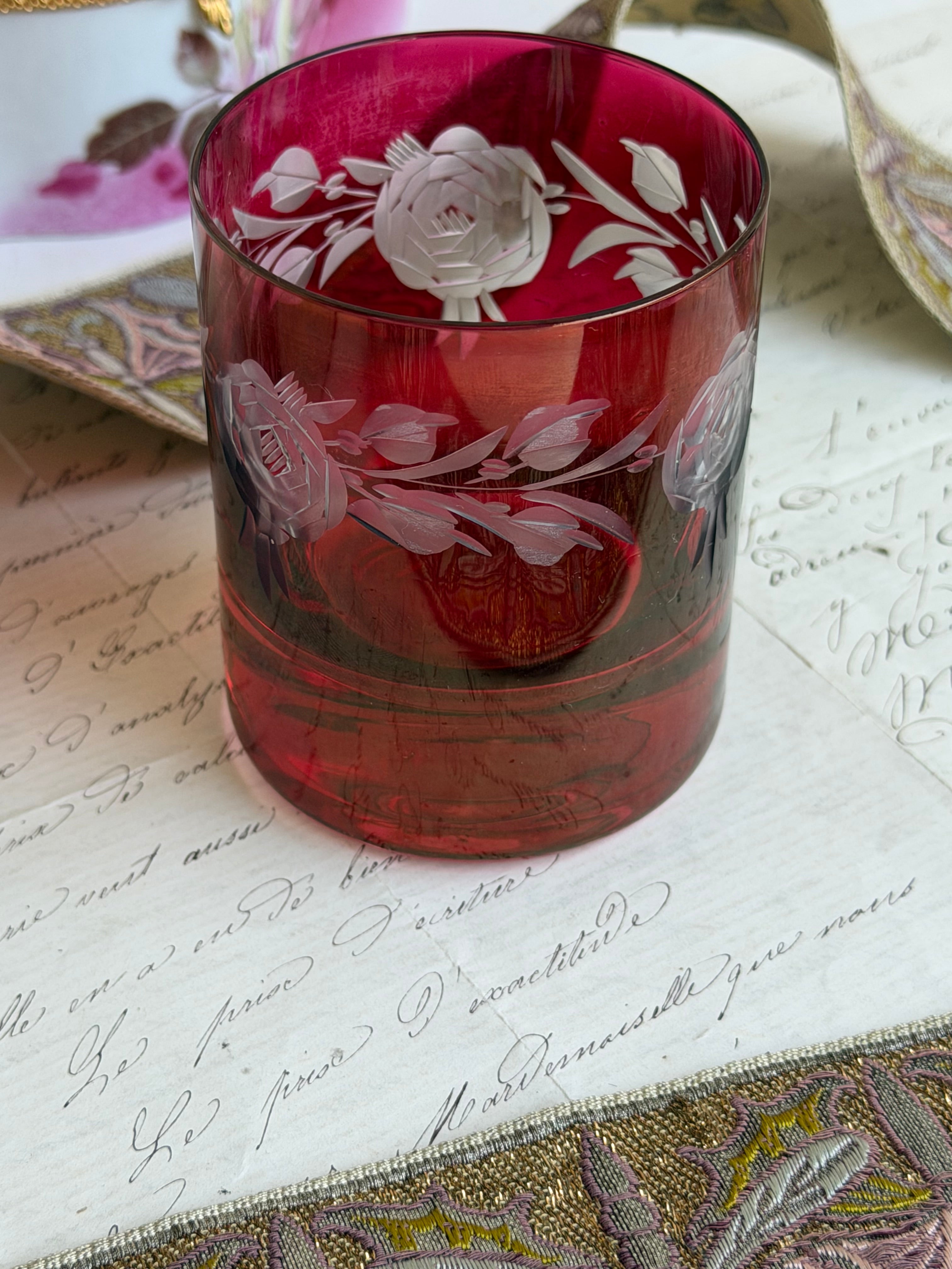 Antique Cranberry Glass Etched Floral Small Tumbler