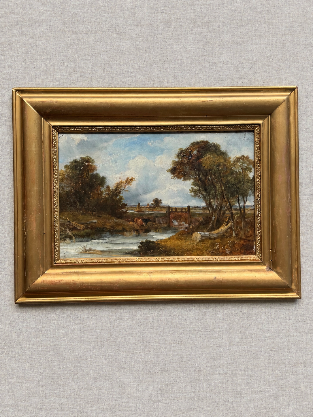 English School, 19th Century — River Landscape with Brick Bridge and Cattle