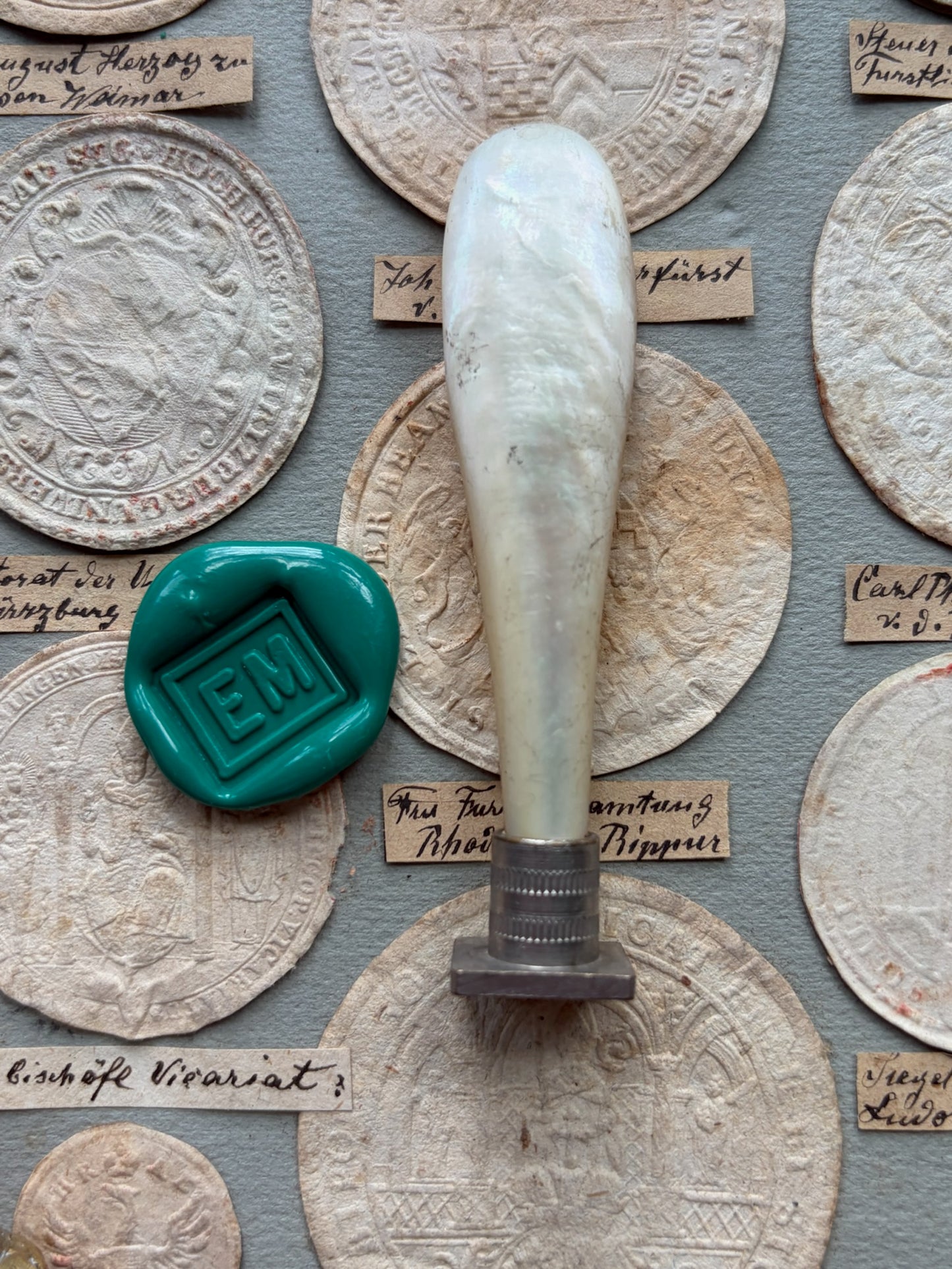 Antique French Mother-of-Pearl Desk Seal — “EM” Monogram