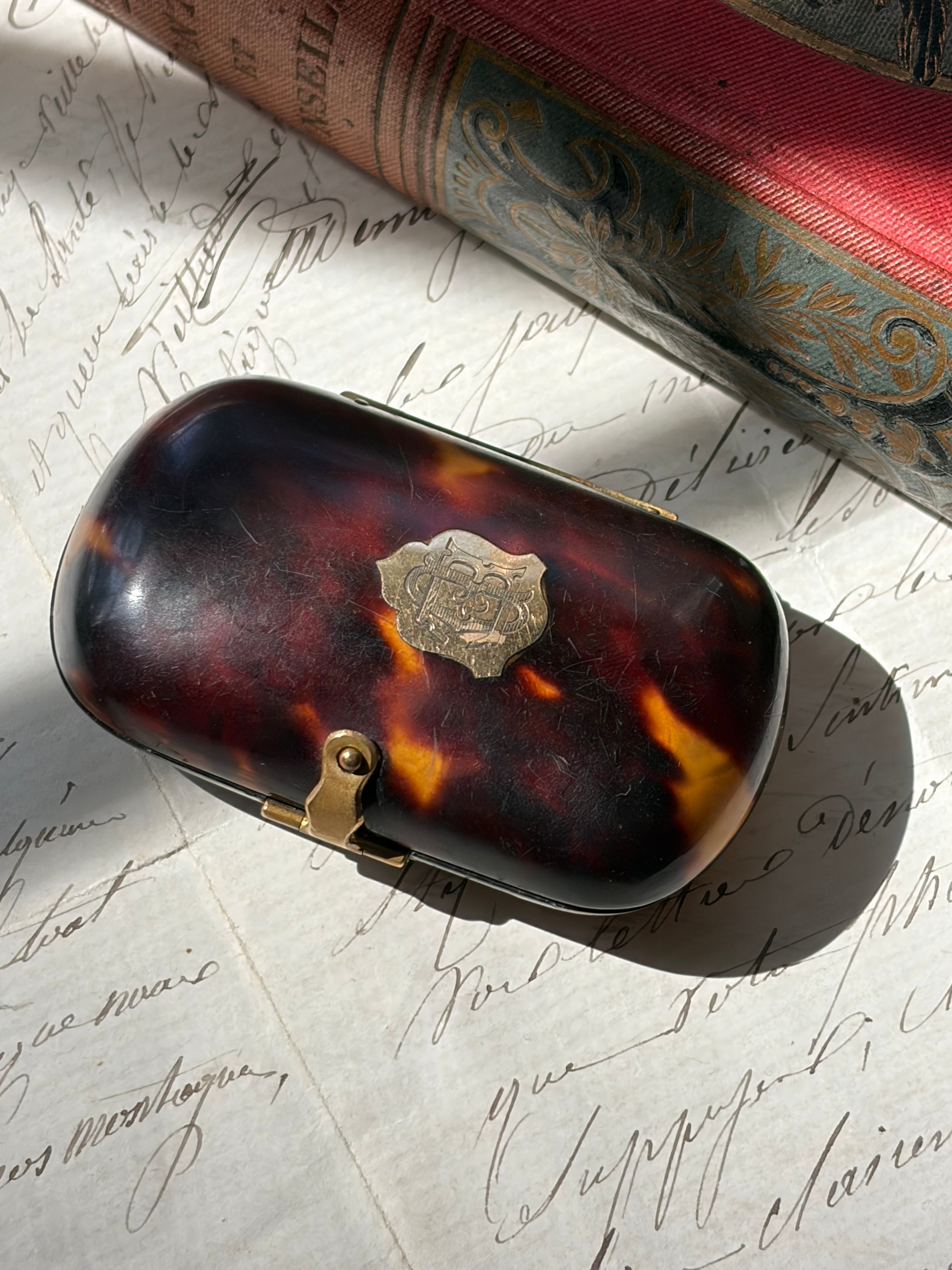 Antique French Tortoiseshell Coin Purse with Brass Monogram