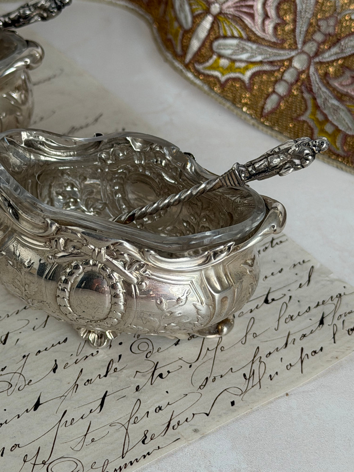 Antique Sterling Silver & Crystal Salt Cellar with Spoon (priced individually)