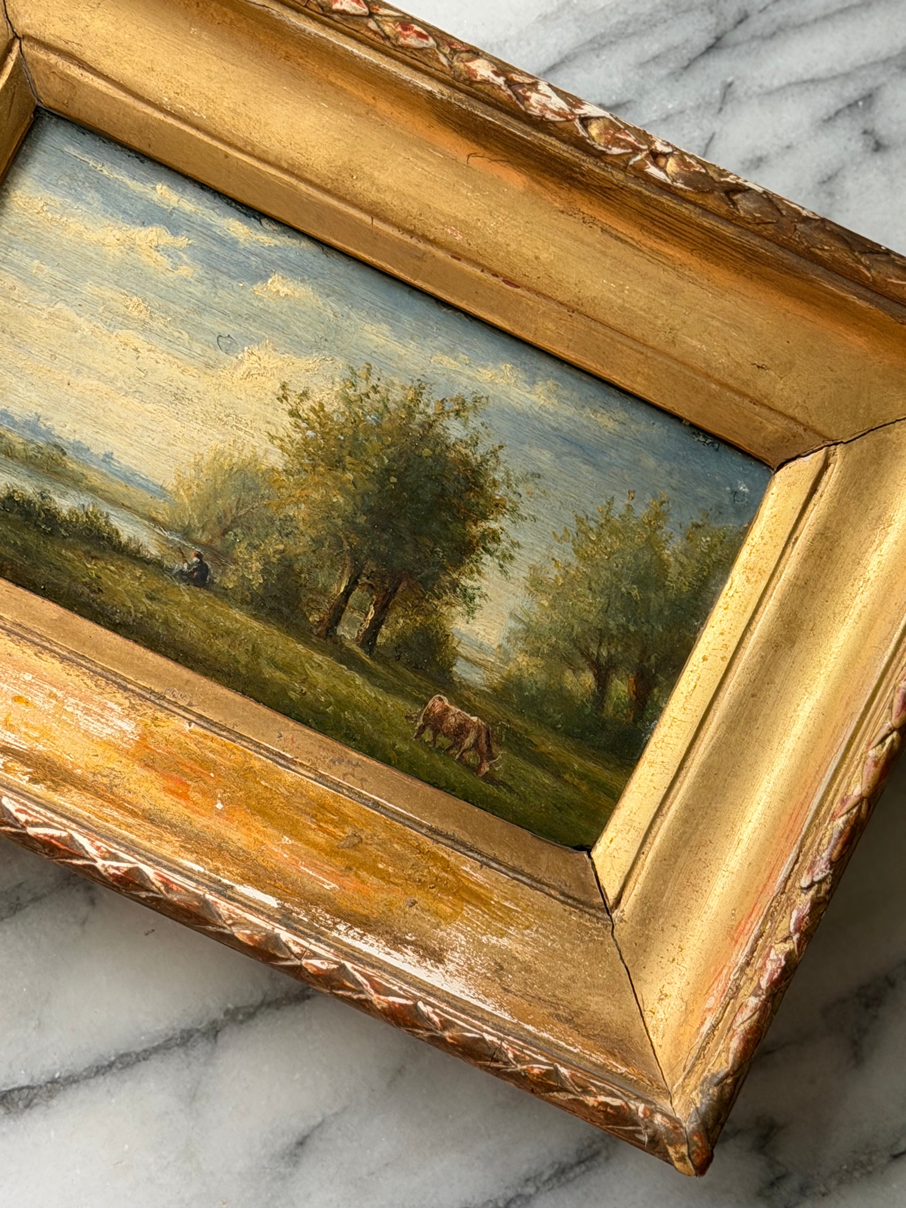 Antique French Pastoral Landscape with Cow, Dated 1876