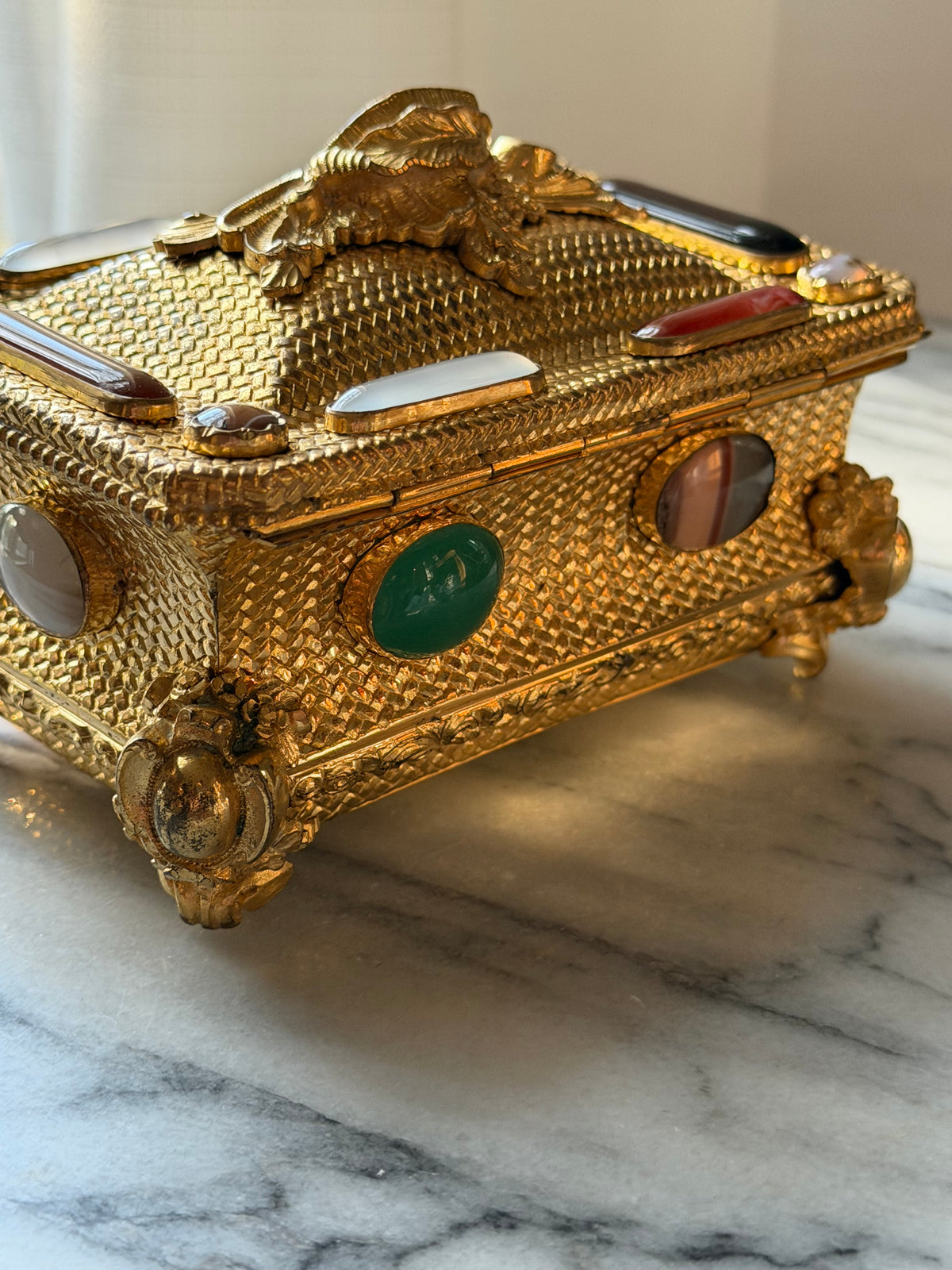 Antique French Gilt Bronze and Agate Casket with Woven Basketweave and Rococo Mounts