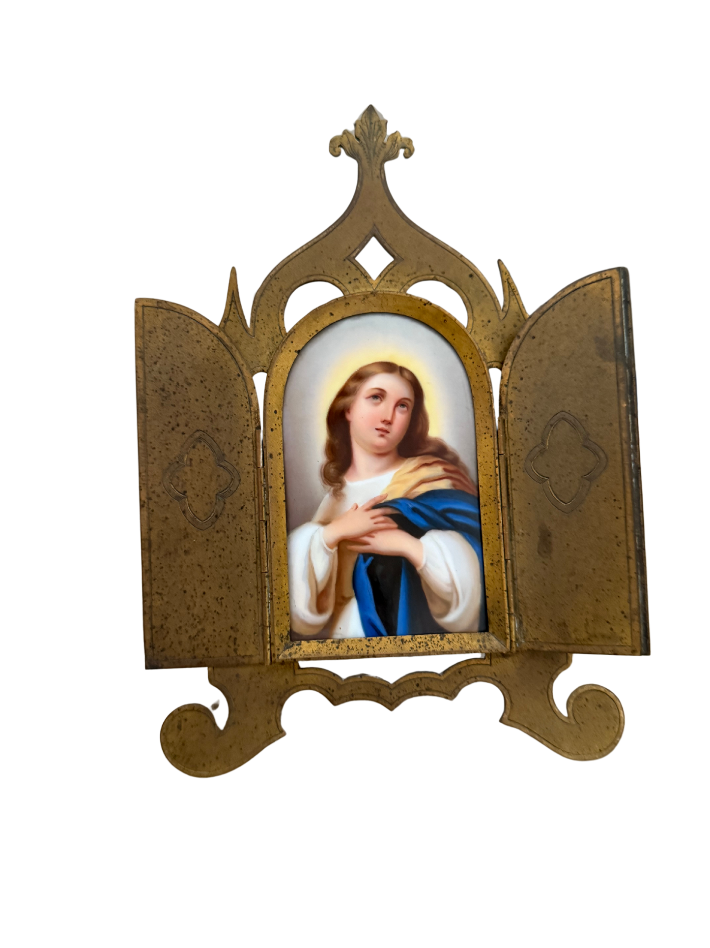 Antique French Miniature Triptych with Porcelain Madonna