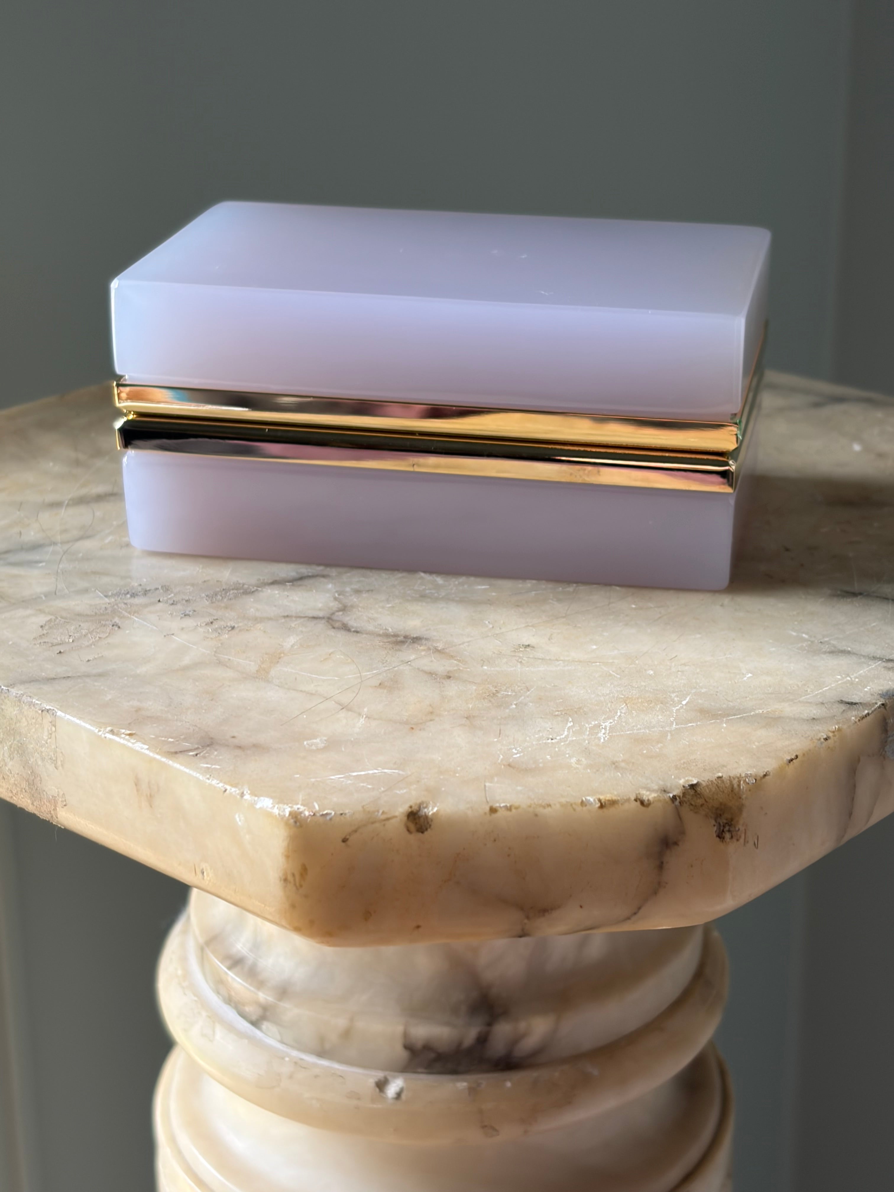 Vintage Alexandrite Opaline Box — Pale Lavender Glass with Gold Brass Mounts