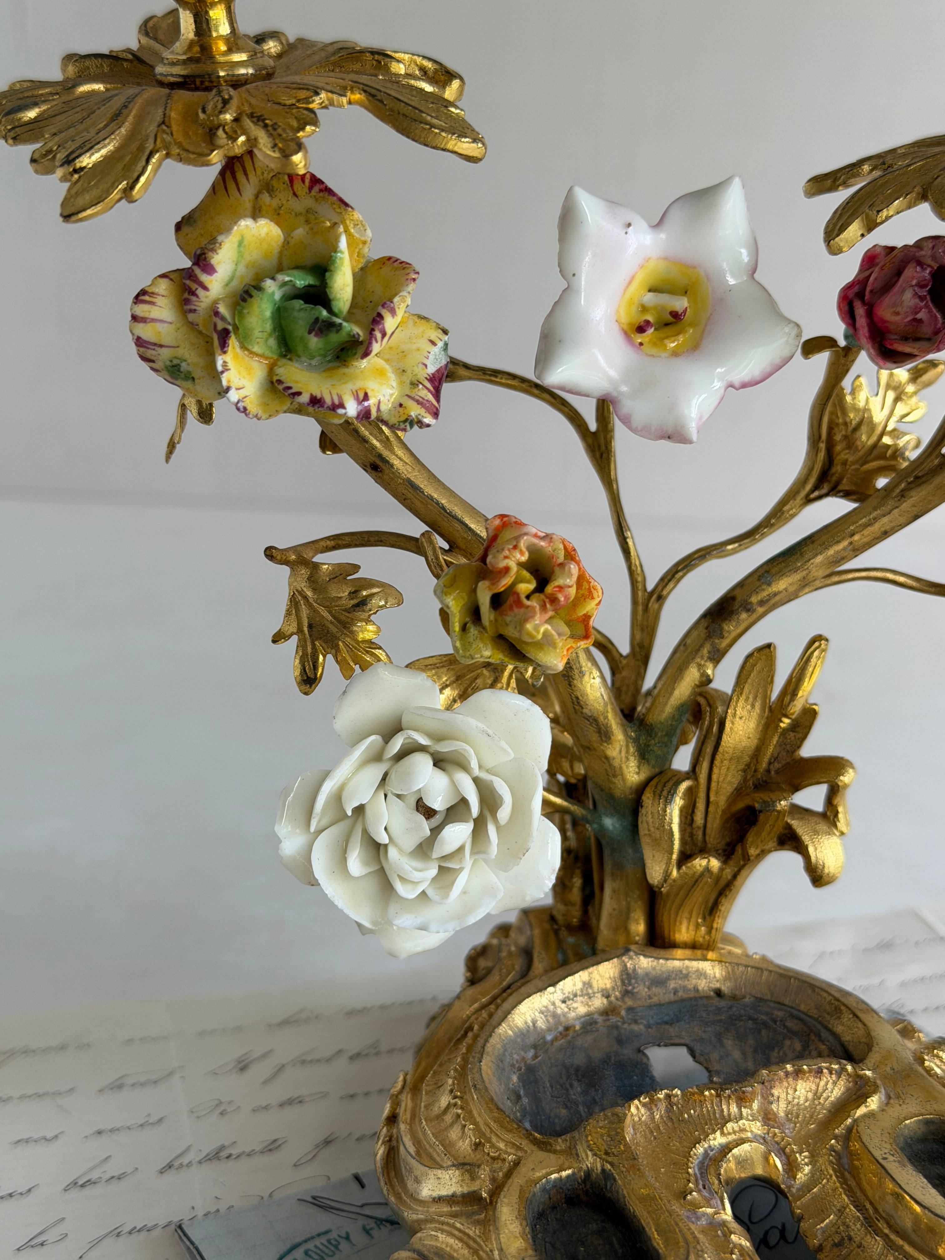 Antique Gilt Bronze Two-Light Candelabra with Porcelain Flowers