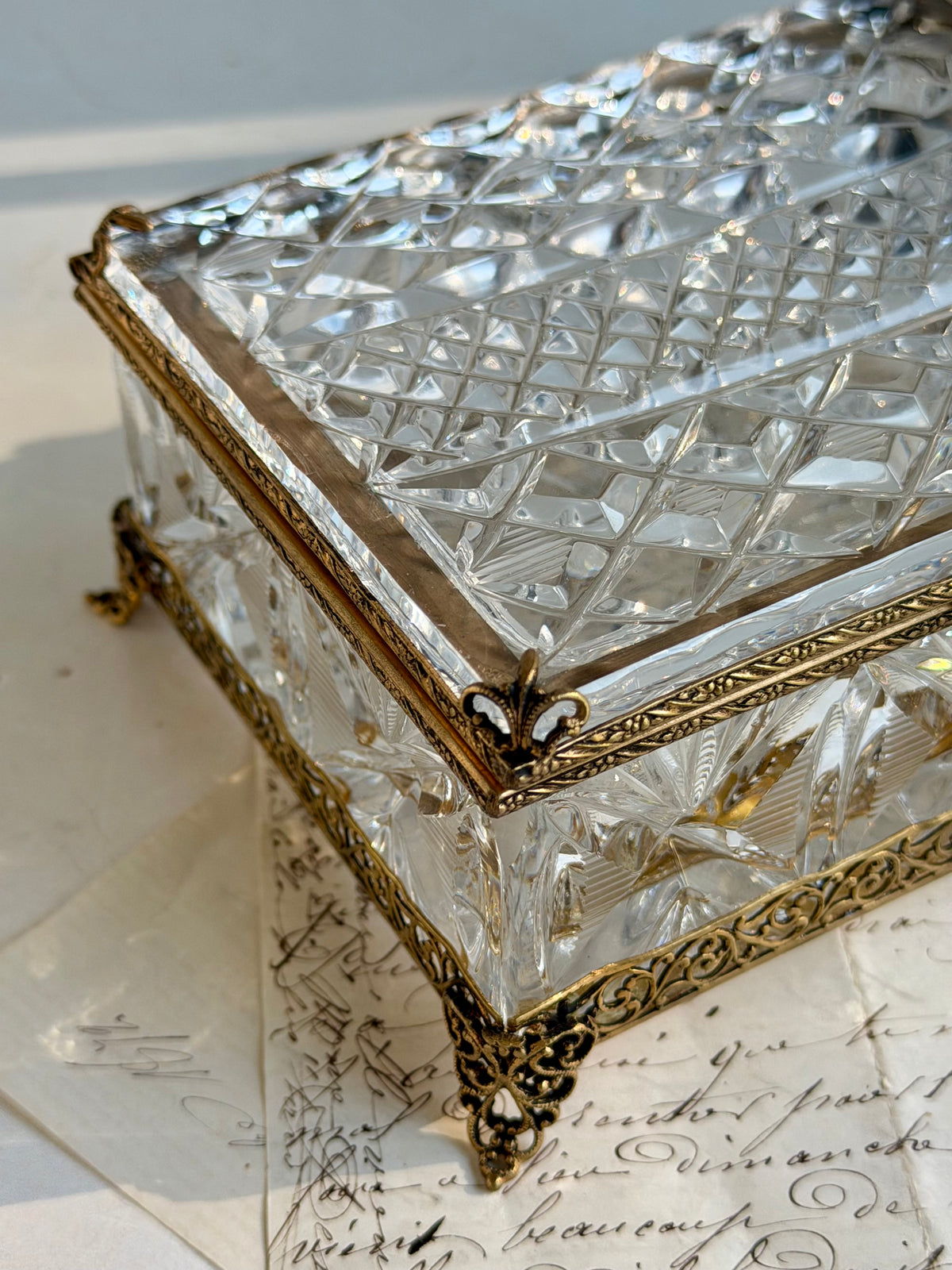 Vintage French Cut Crystal Casket with Ornate Gilt Metal Mounts