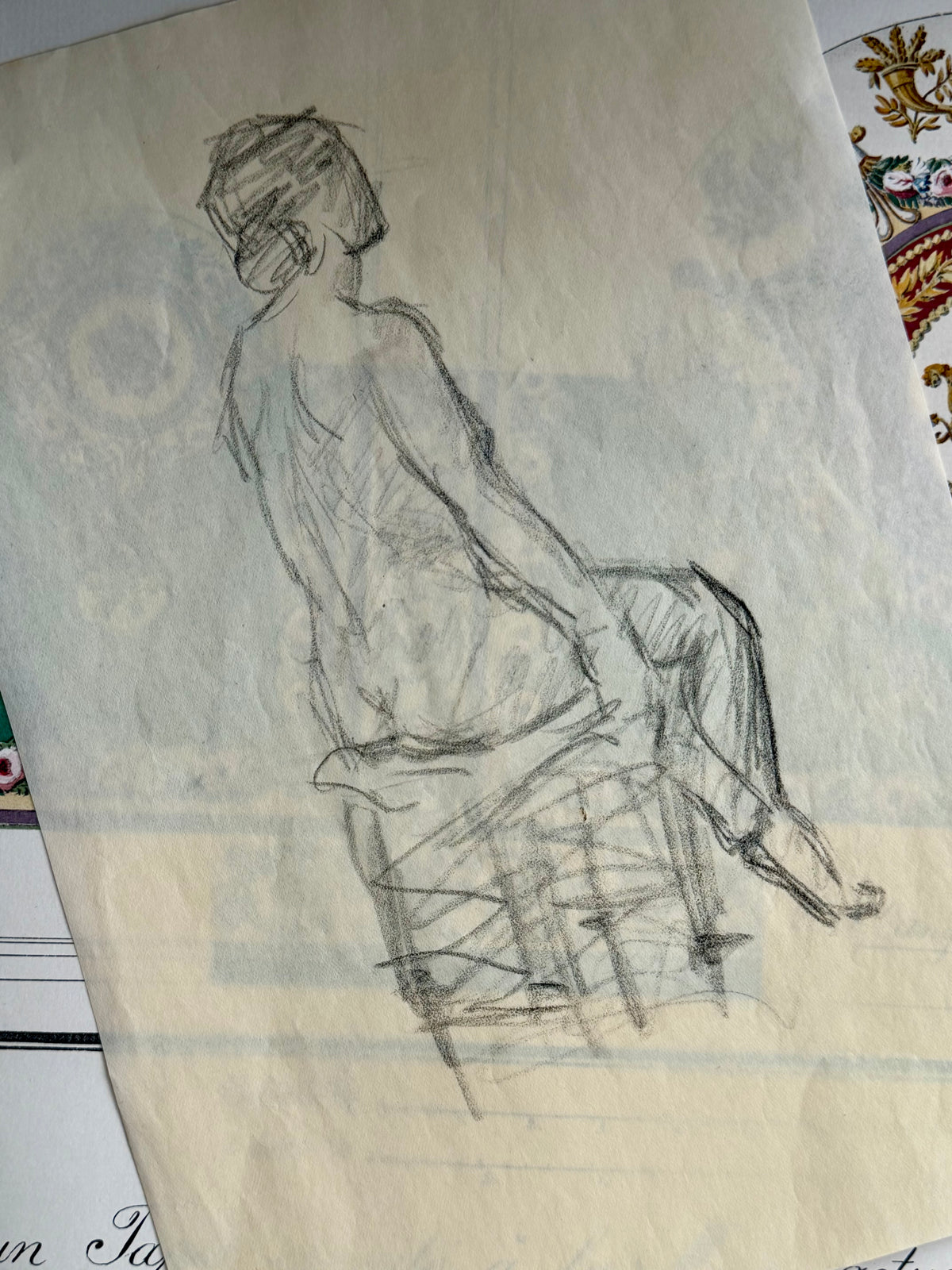 Vintage French Pencil Sketch of a Seated Nude