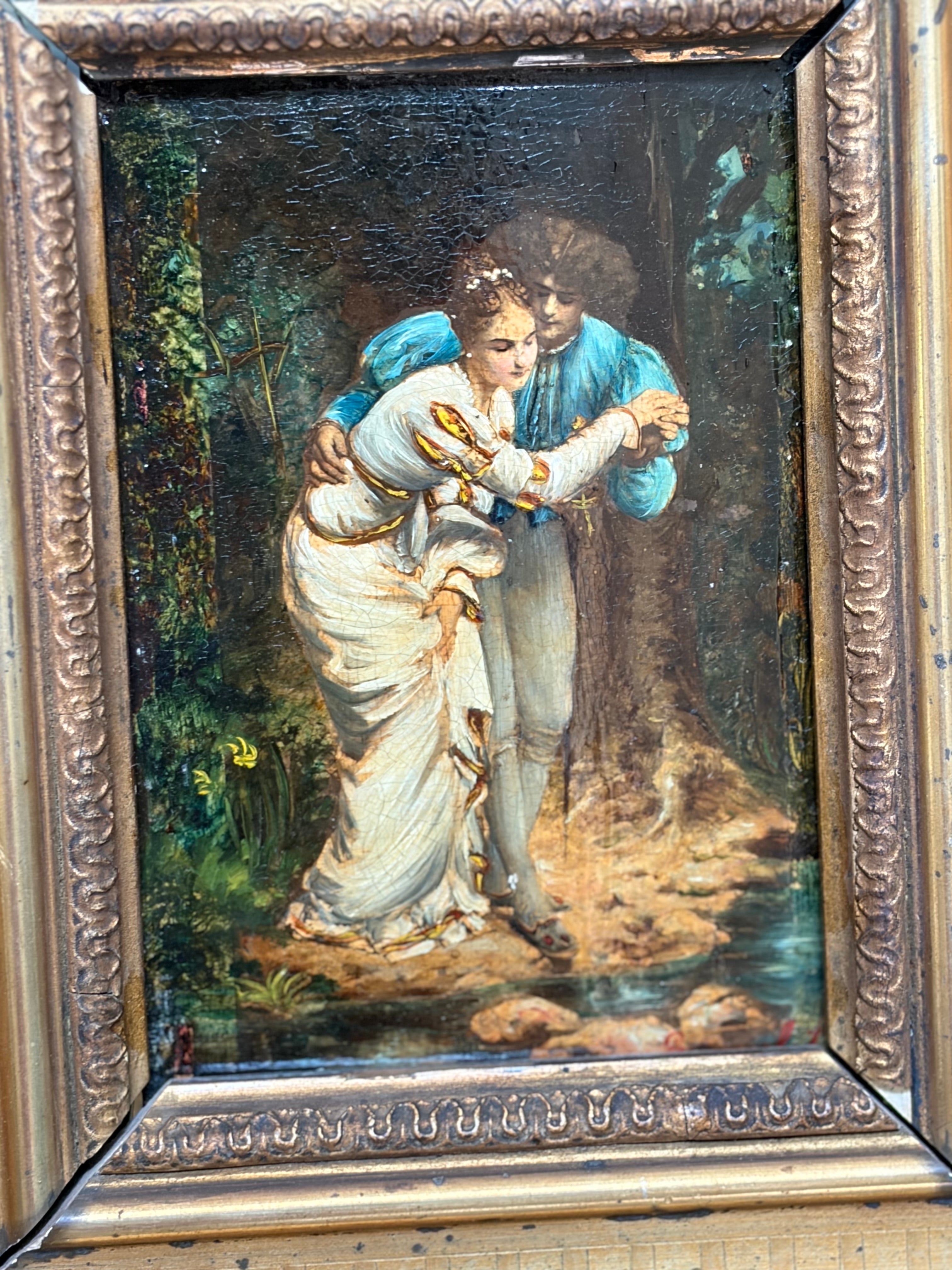 Antique French Romantic Oil on Board Painting in Original Gilt Frame