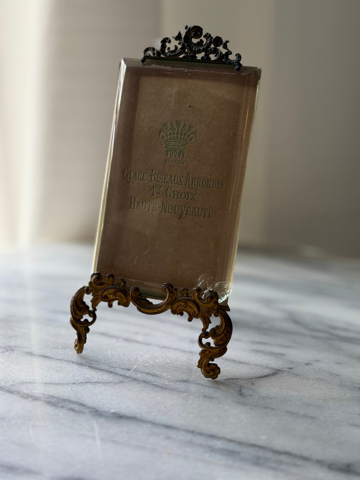 Antique French Beveled Glass Easel Frame with Gilt Brass Rococo Crest and Original Card