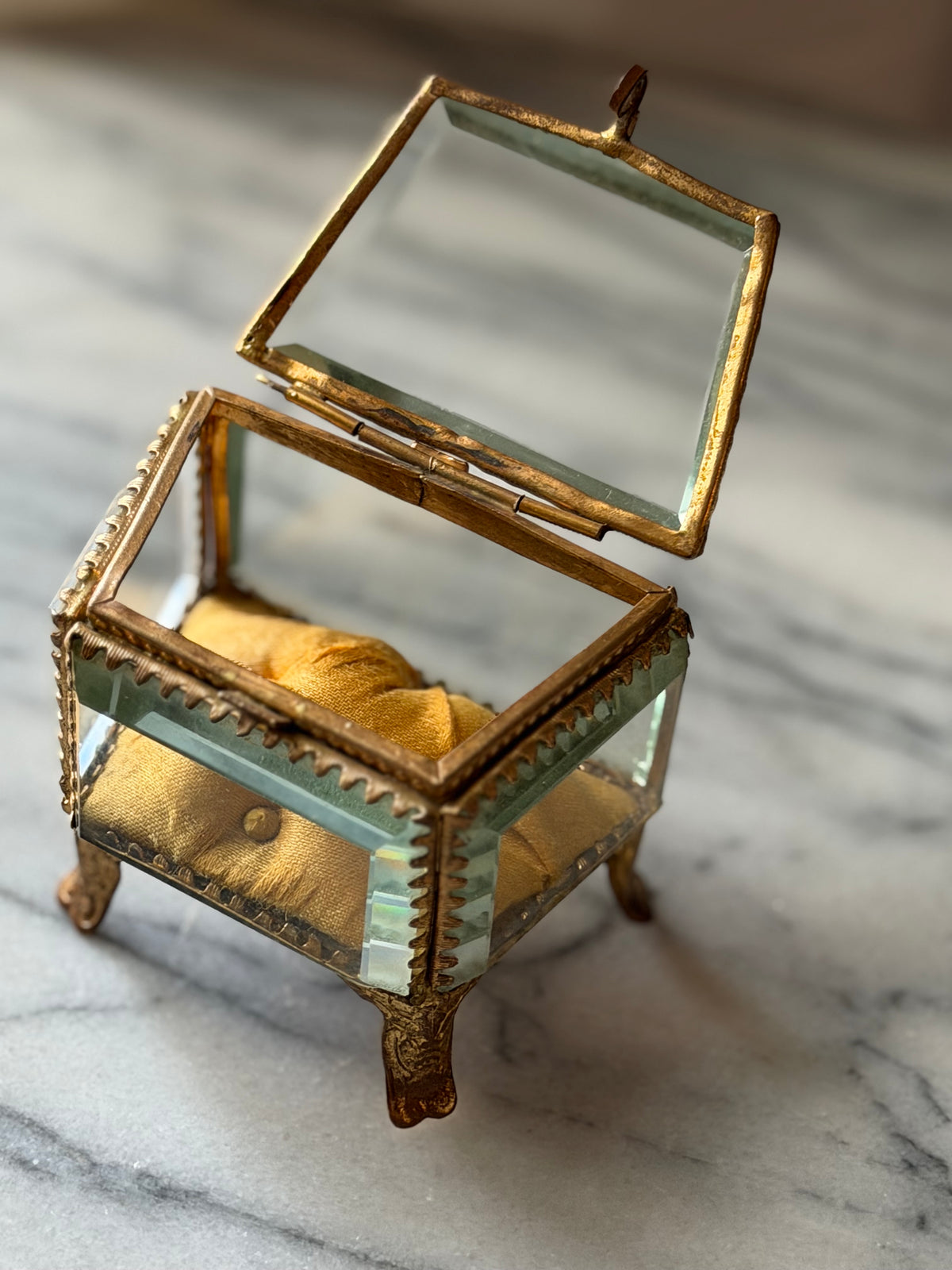 Antique French Beveled Glass Jewelry Casket with Gilt Brass Frame and Silk Cushion