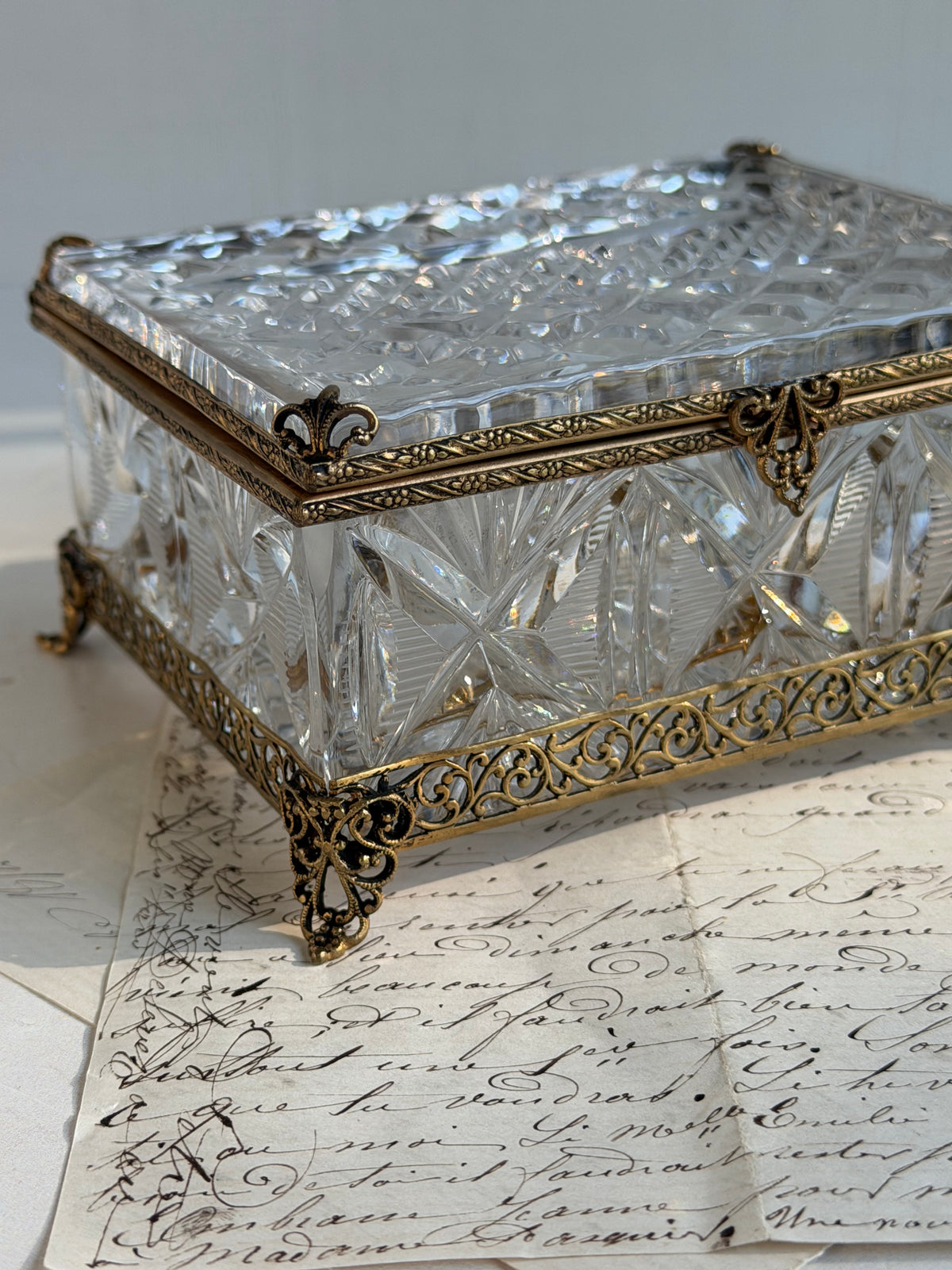Vintage French Cut Crystal Casket with Ornate Gilt Metal Mounts