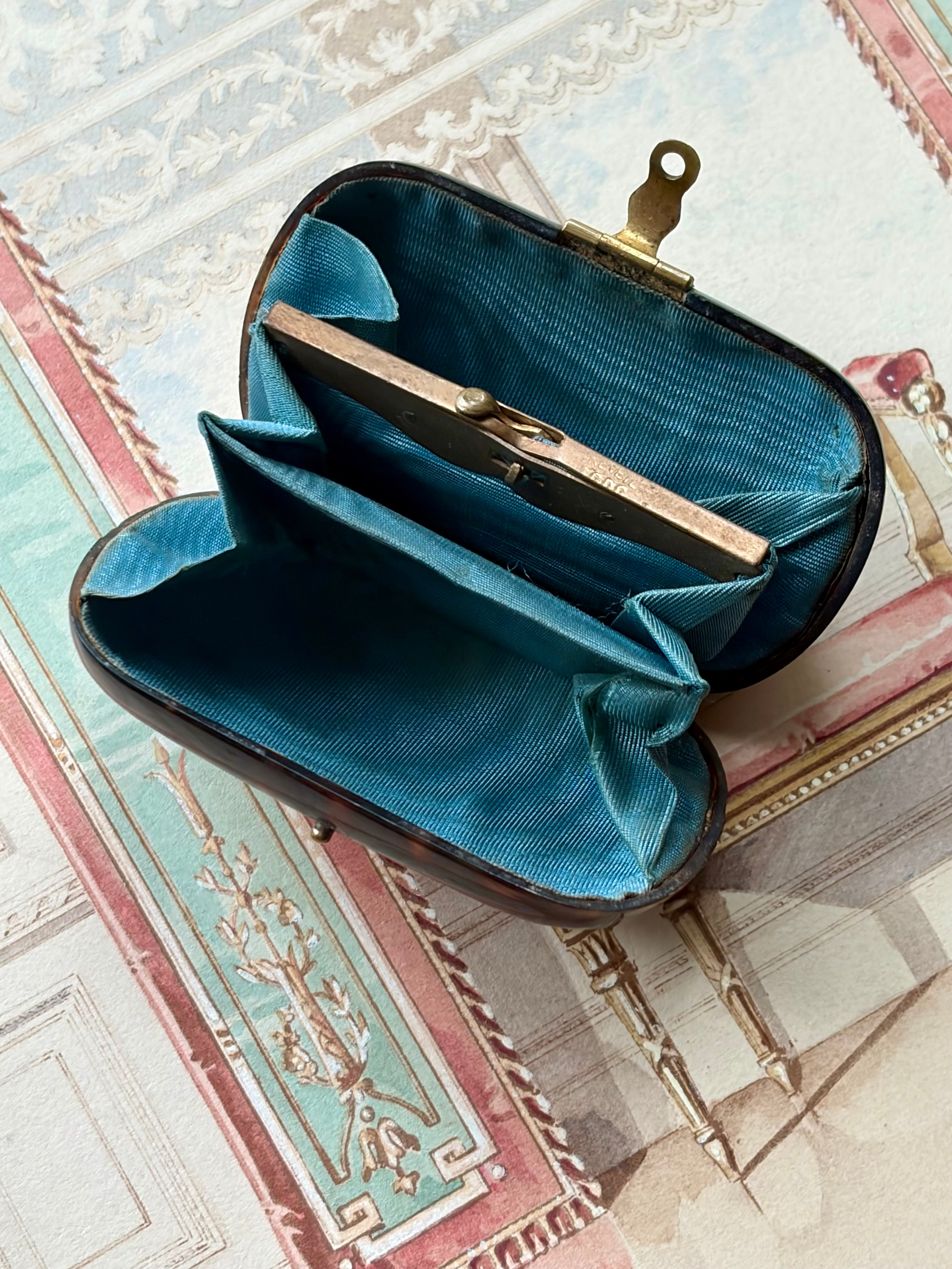 Antique French Tortoiseshell Coin Purse with Brass Monogram
