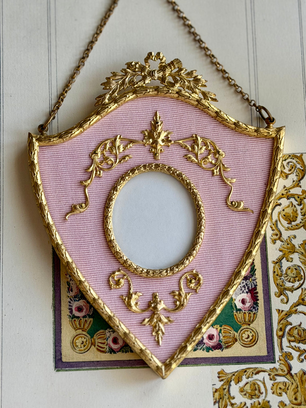Antique French Shield Frame in Gilt Bronze and Pink Silk