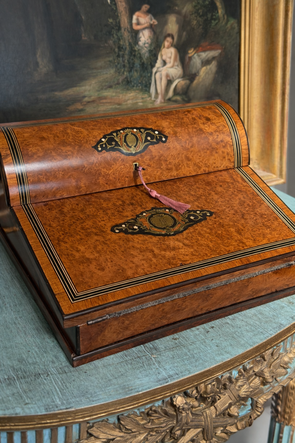 Antique French Burl Wood Writing Slope Desk