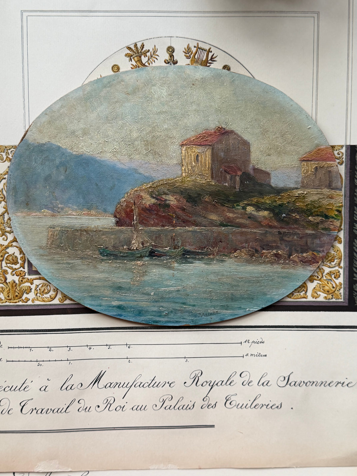 Antique French Oval Oil Painting on Board, Mediterranean Harbor, Signed Morano
