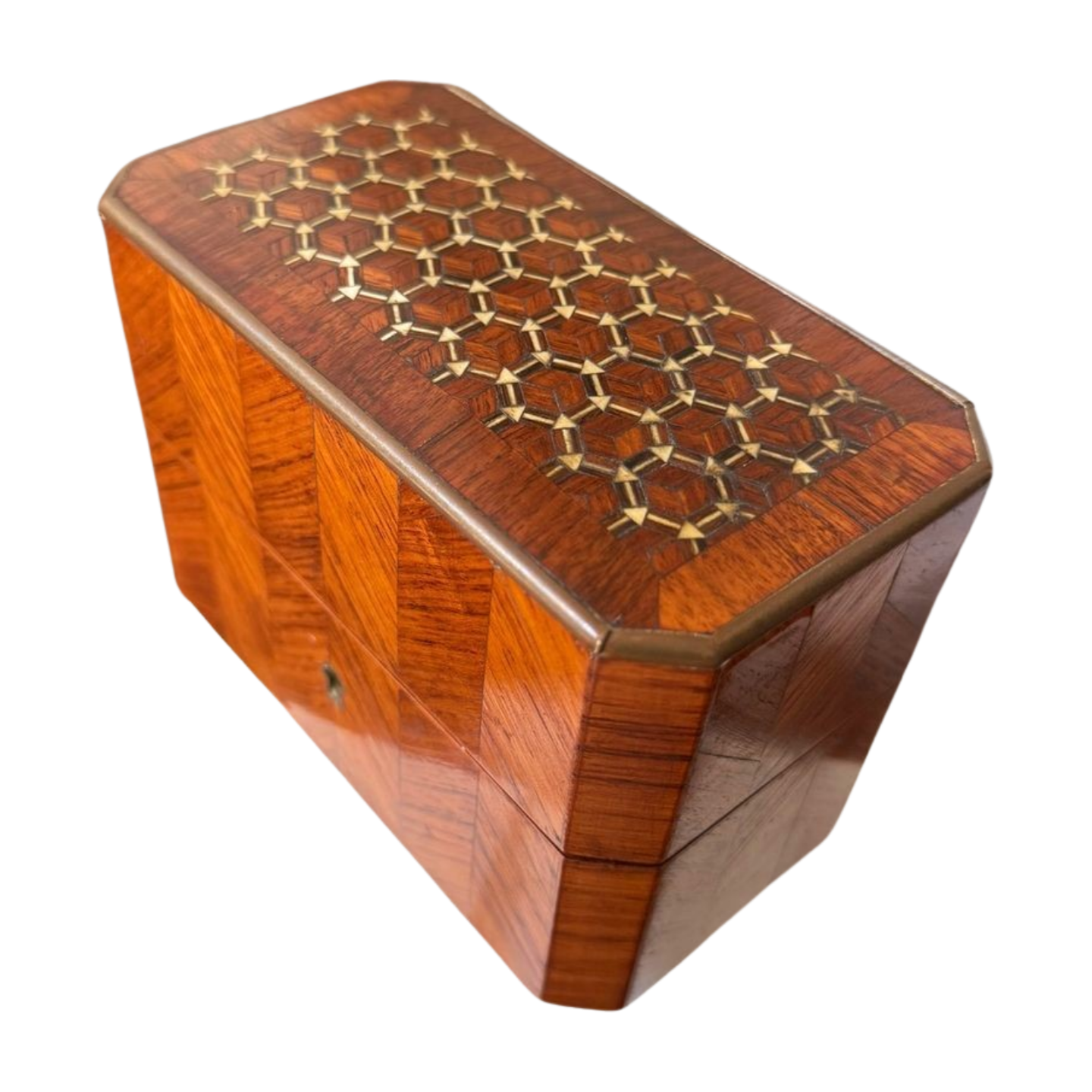 French Perfume Casket with Inlaid Marquetry & Crystal Bottles