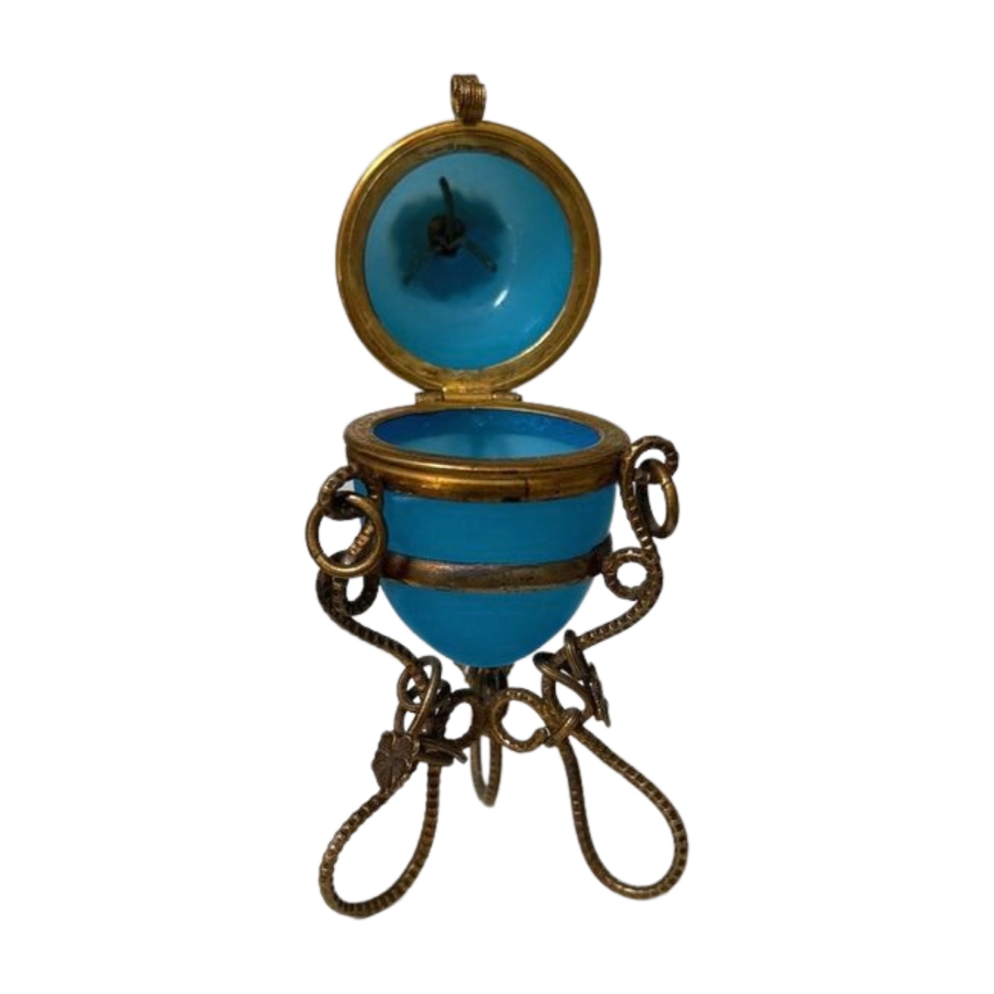 Antique French Blue Opaline Egg Casket on Stand