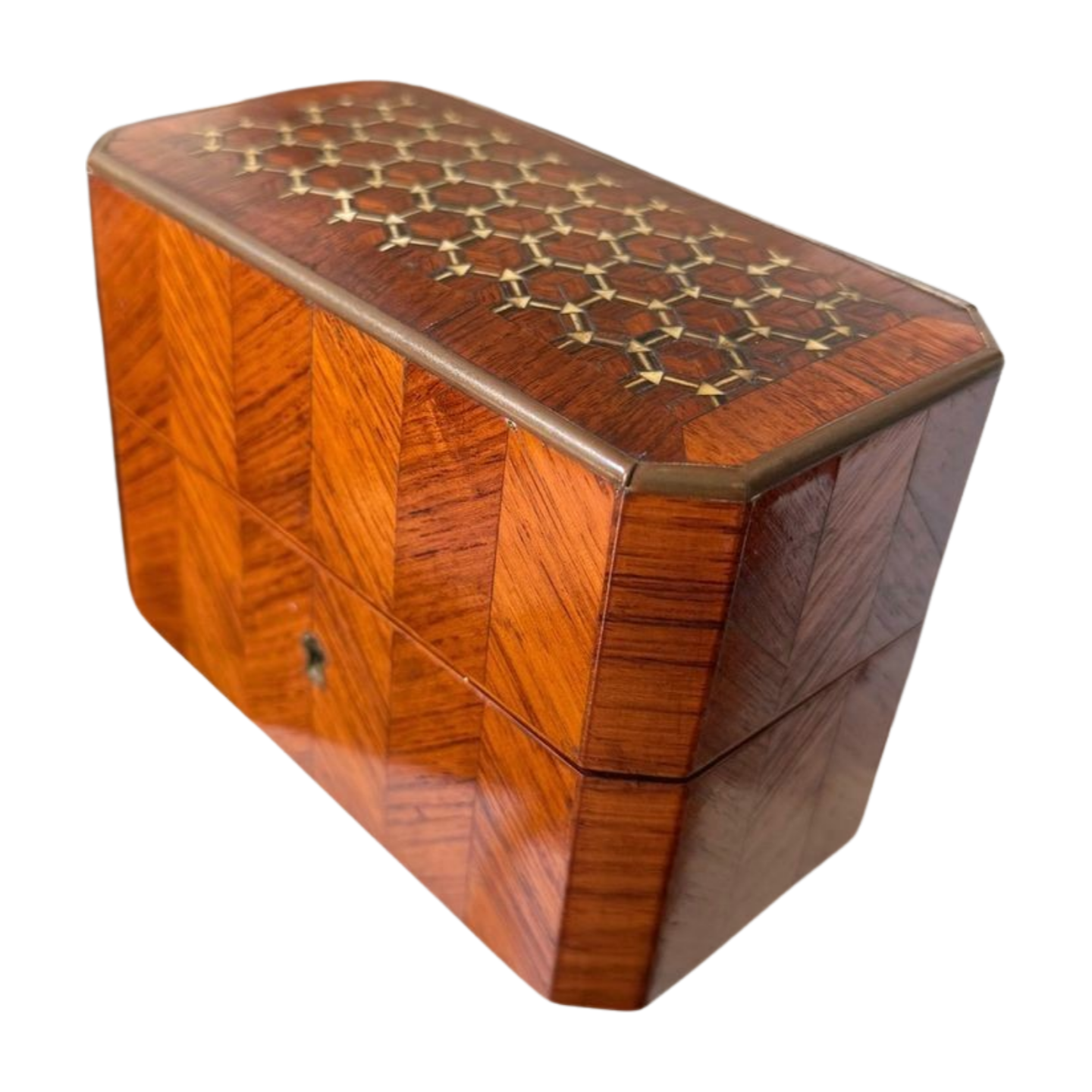 French Perfume Casket with Inlaid Marquetry & Crystal Bottles
