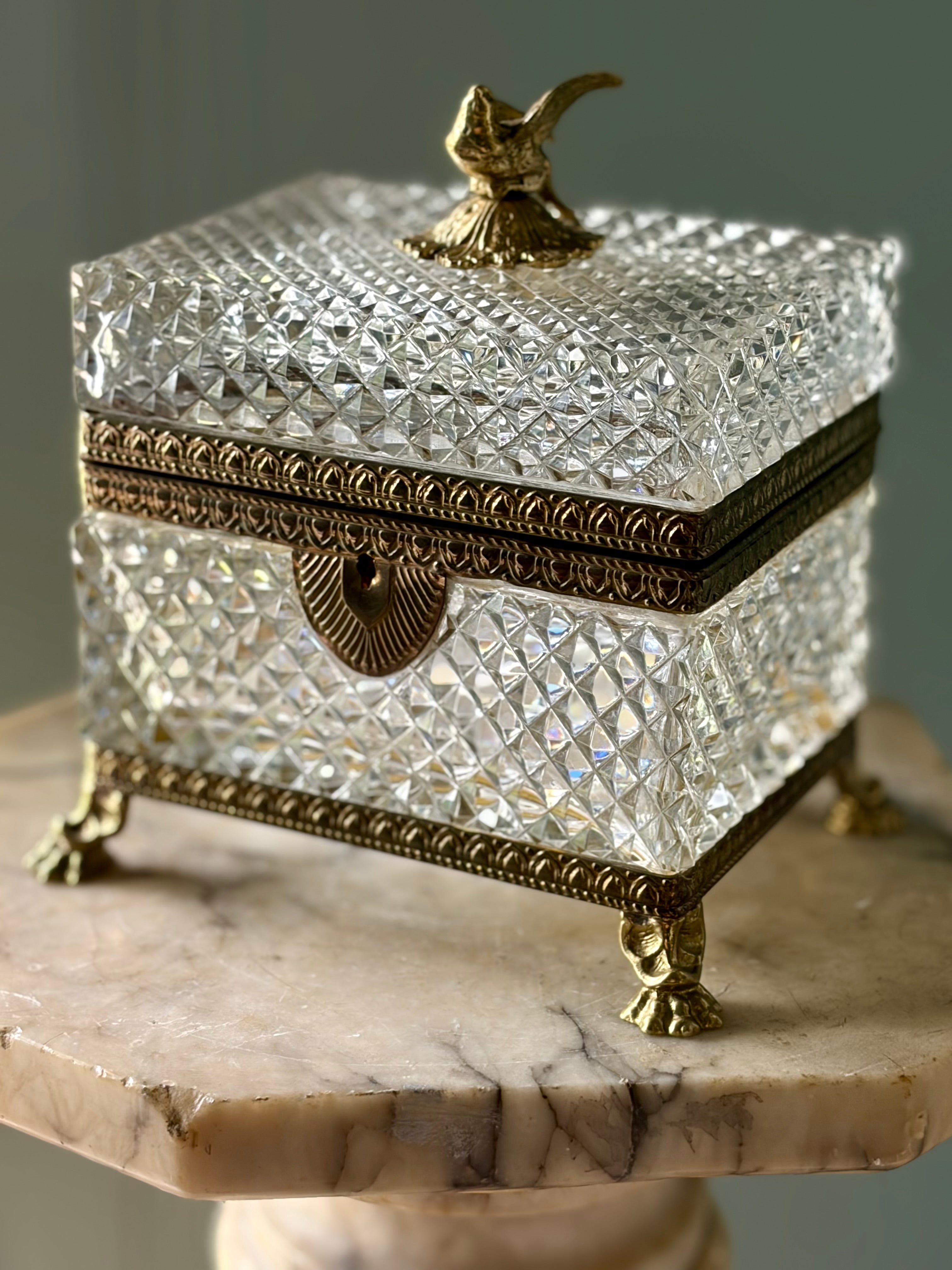 Antique French Crystal Casket with Dove Finial