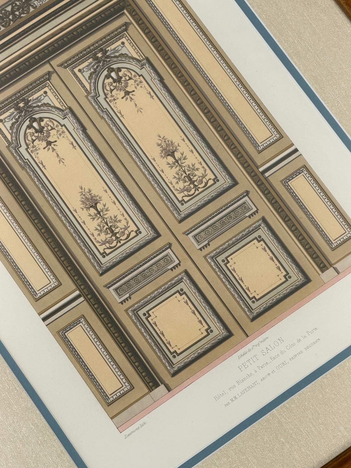 Antique French Architectural Chromolithograph – Petit Salon – Custom Framed