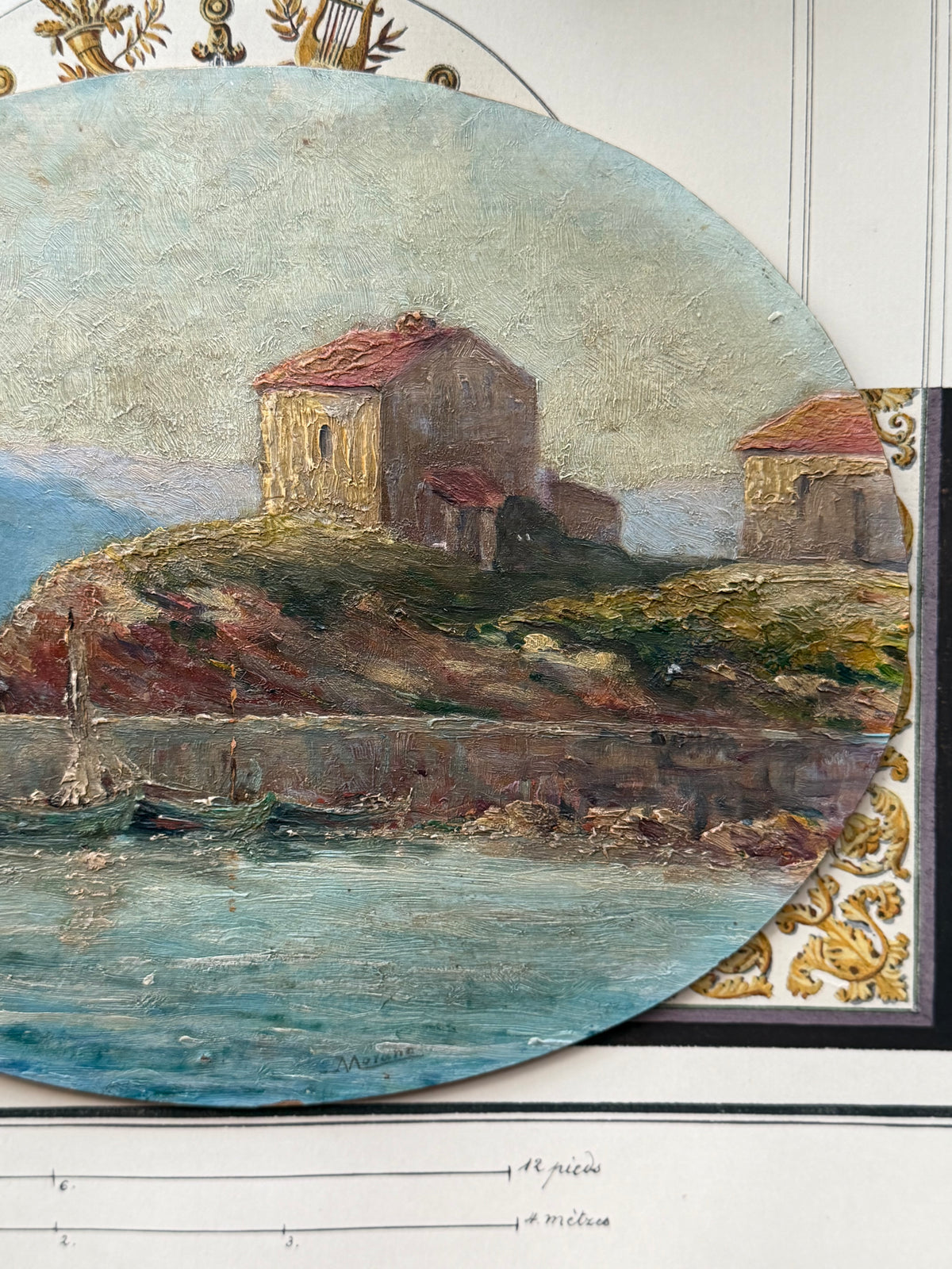 Antique French Oval Oil Painting on Board, Mediterranean Harbor, Signed Morano