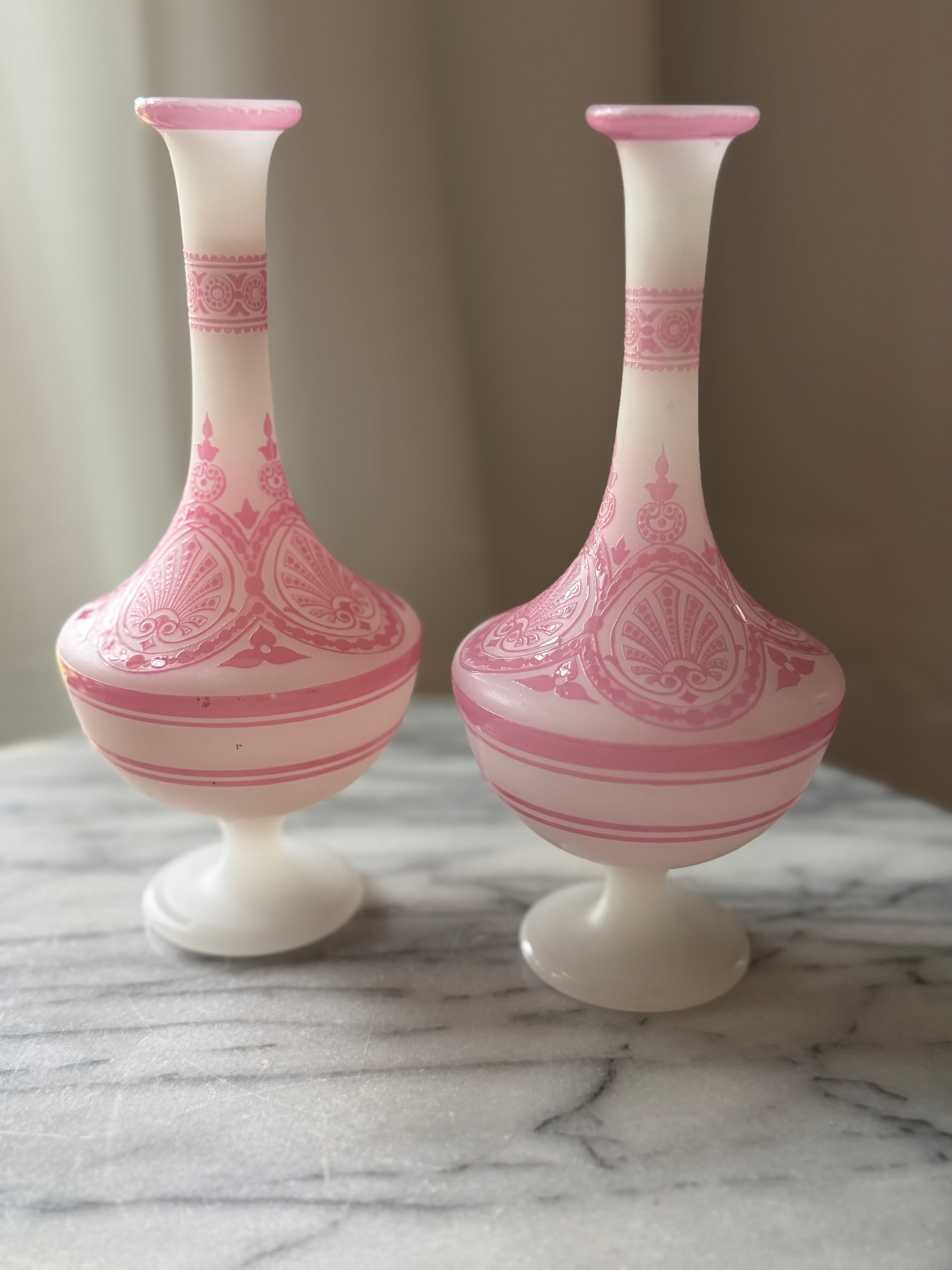 Antique Pink & White Opaline Glass Vases — Pair