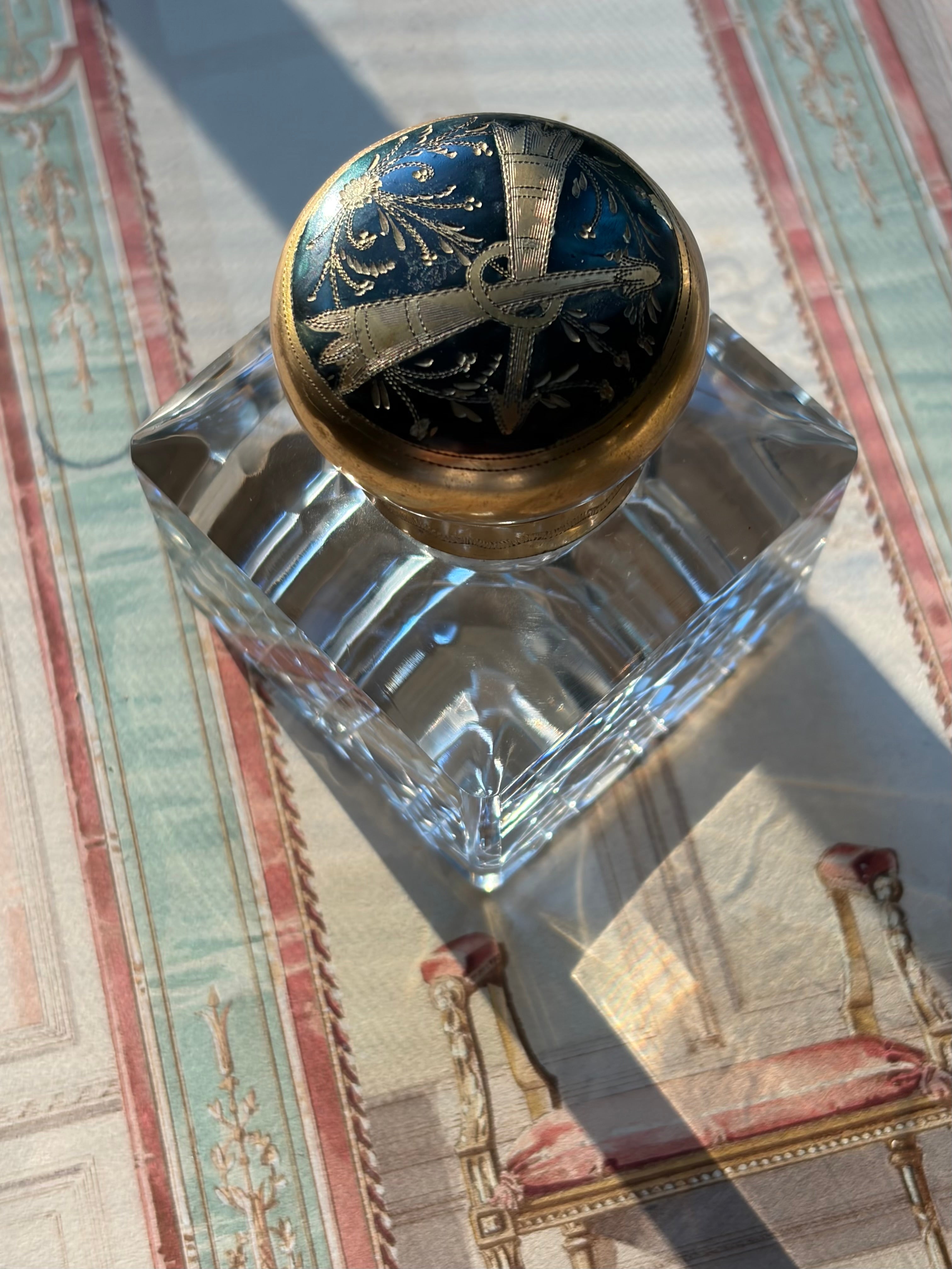 Antique Parisian Crystal & Bronze Inkwell with Enamel Dragonfly Cap