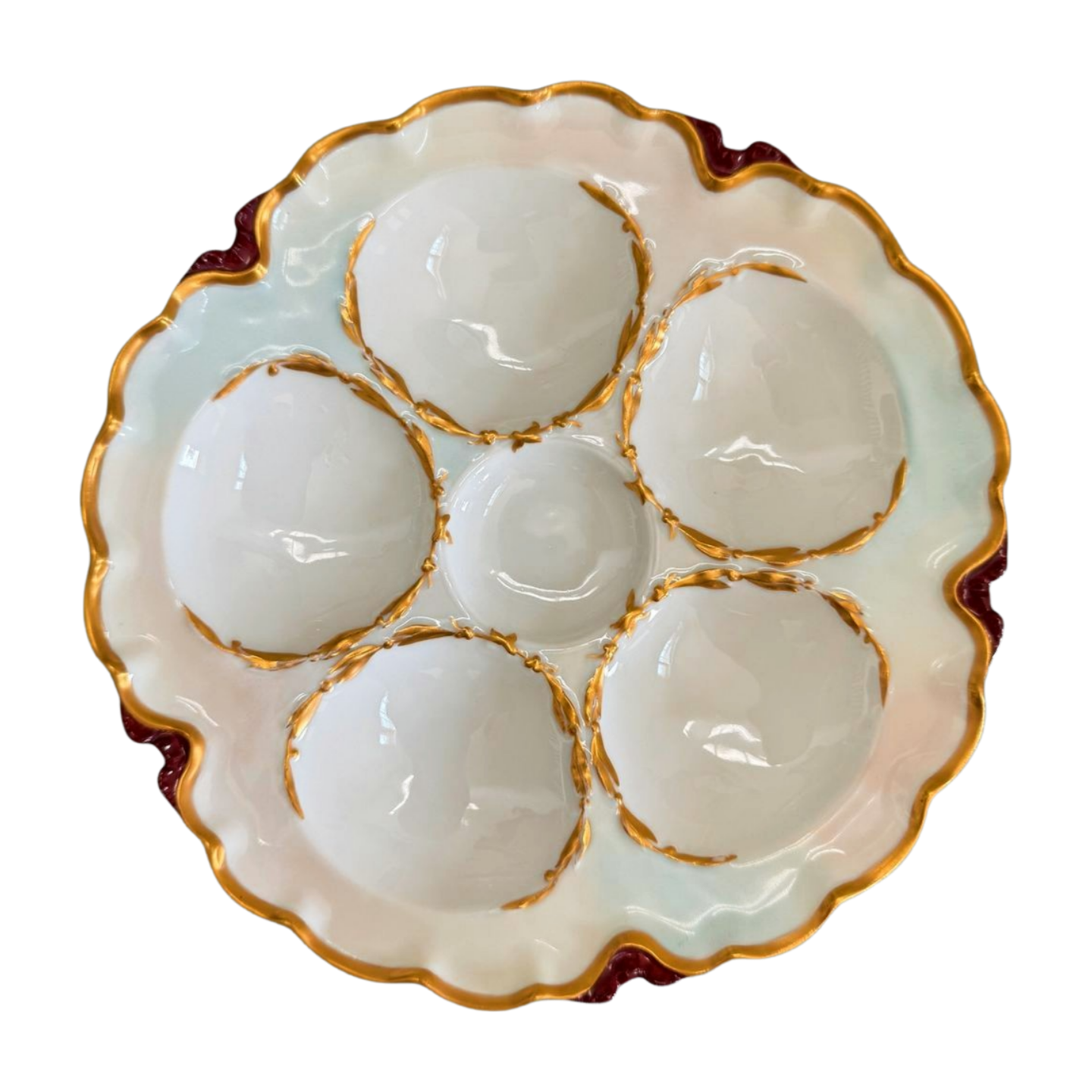 Antique Limoges Oyster Plate with Gilded Laurel & Burgundy Rim