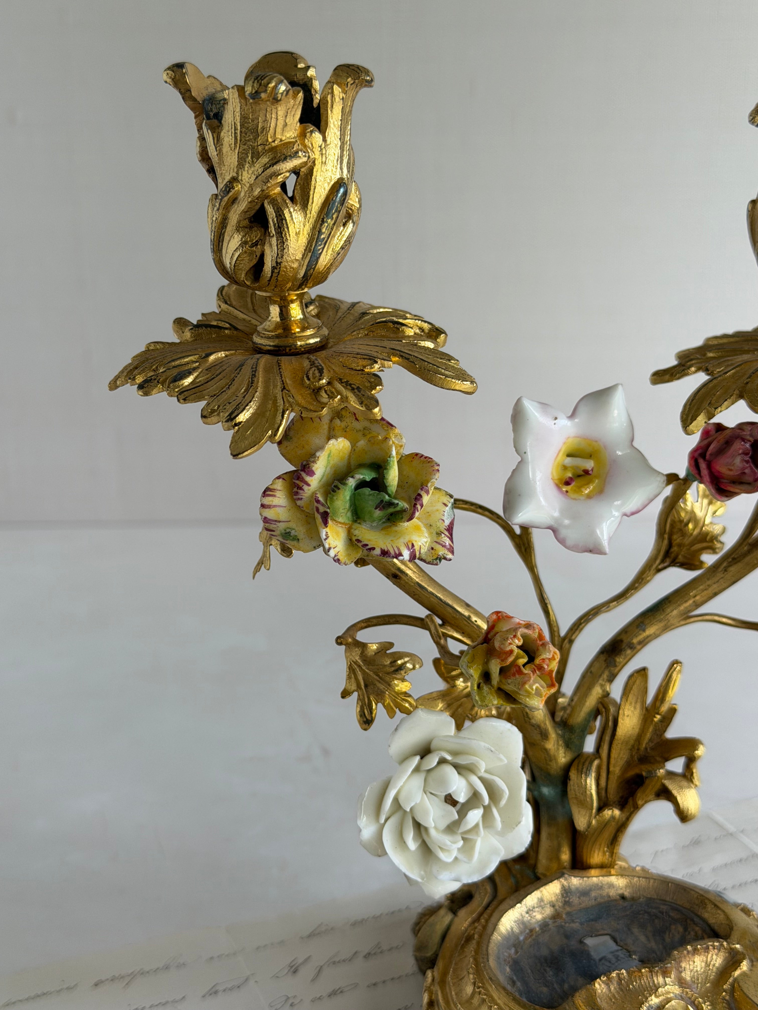 Antique Gilt Bronze Two-Light Candelabra with Porcelain Flowers