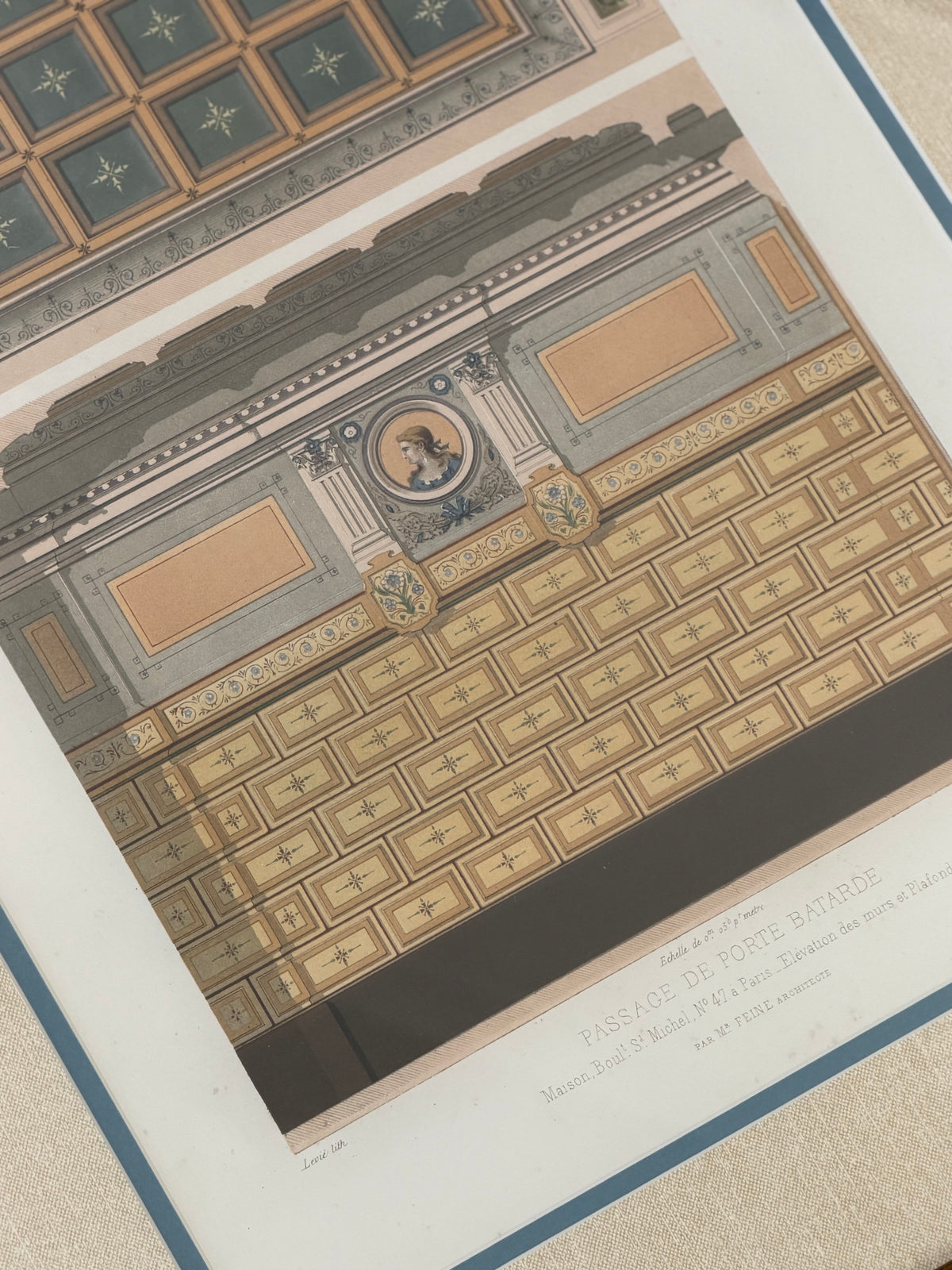 Antique French Architectural Chromolithograph – Passage de Porte Bâtarde – Custom Framed