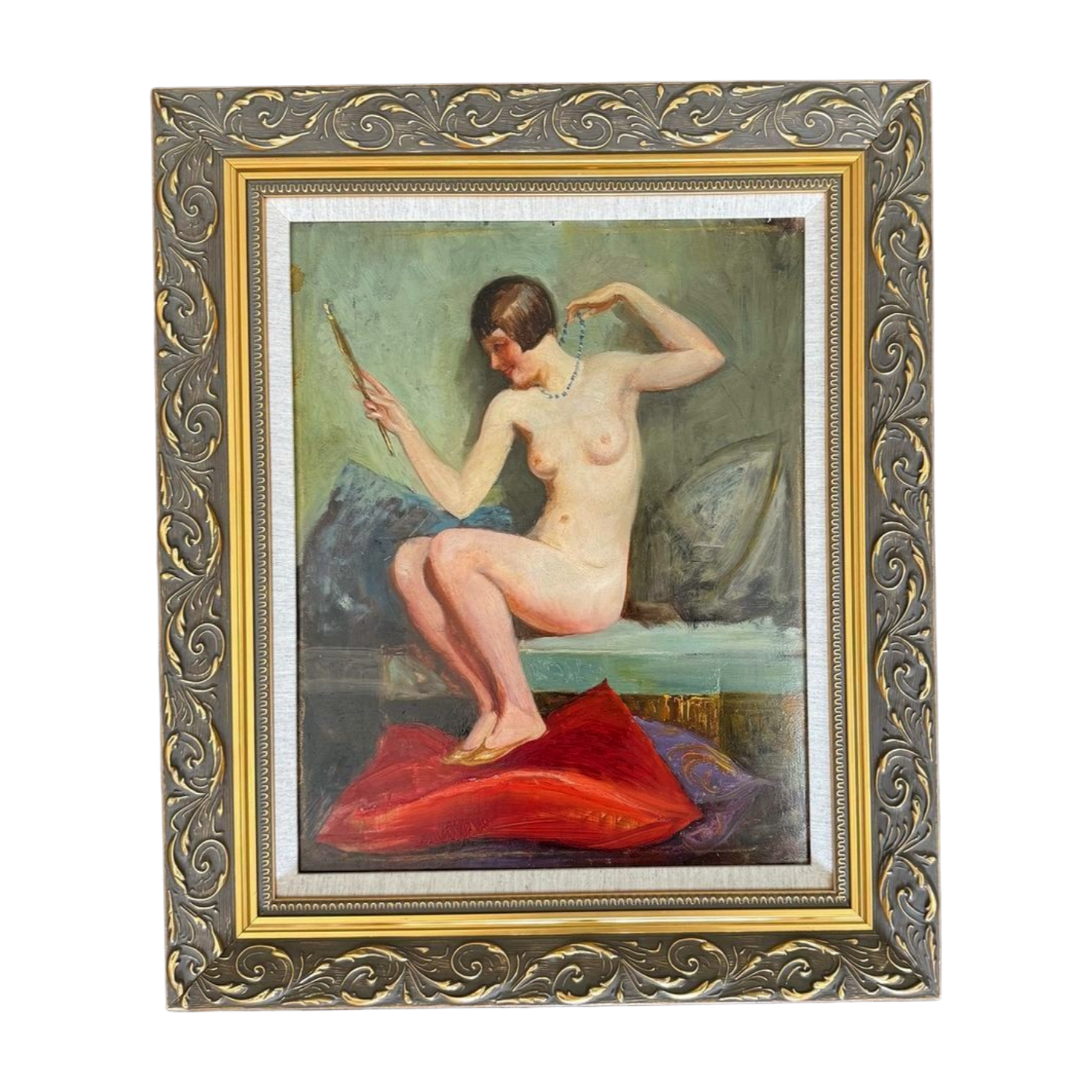 “Nude with Mirror” – European Oil on Board, Mid-20th Century