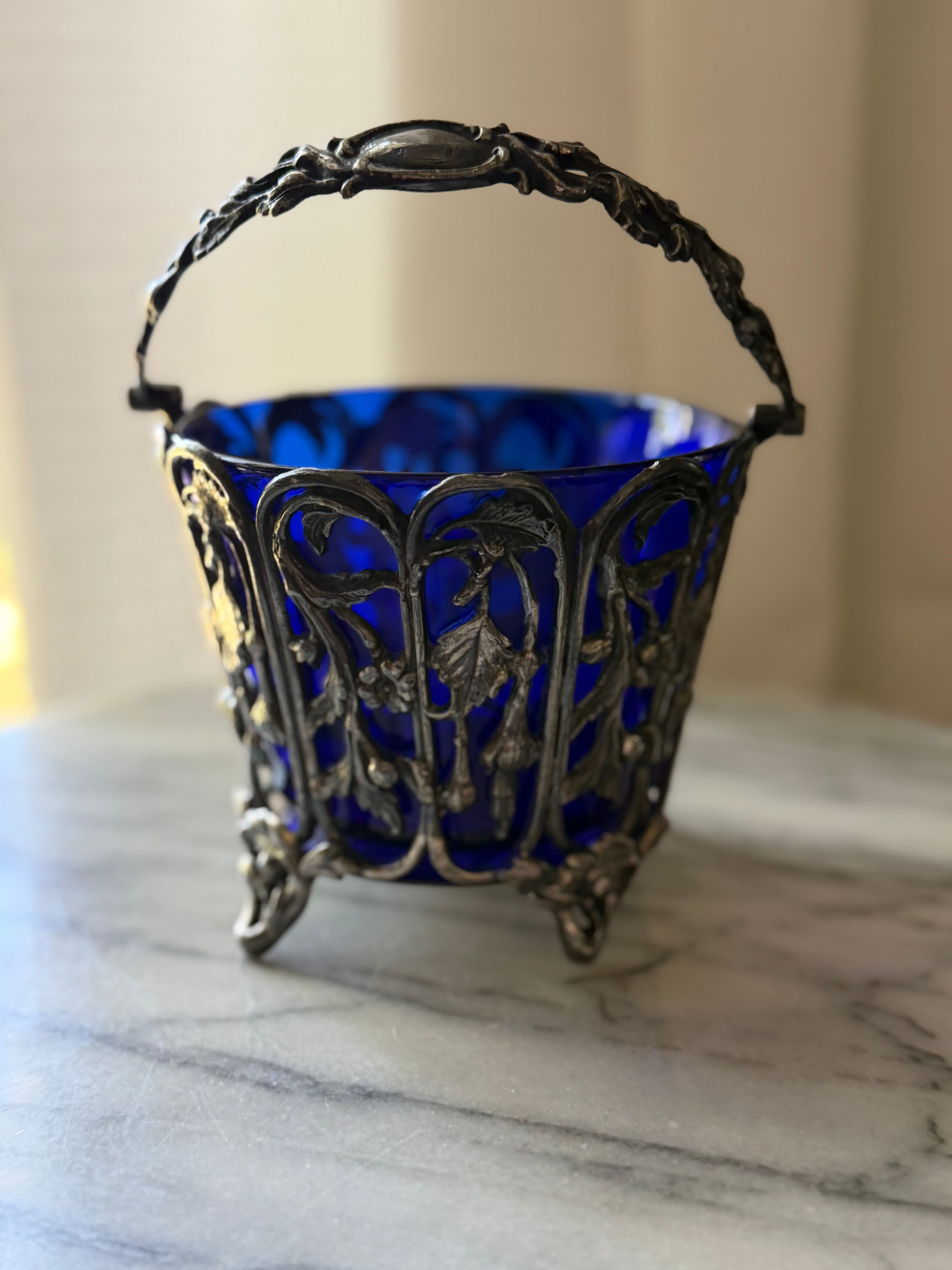 Antique Cobalt Glass and Silverplate Basket