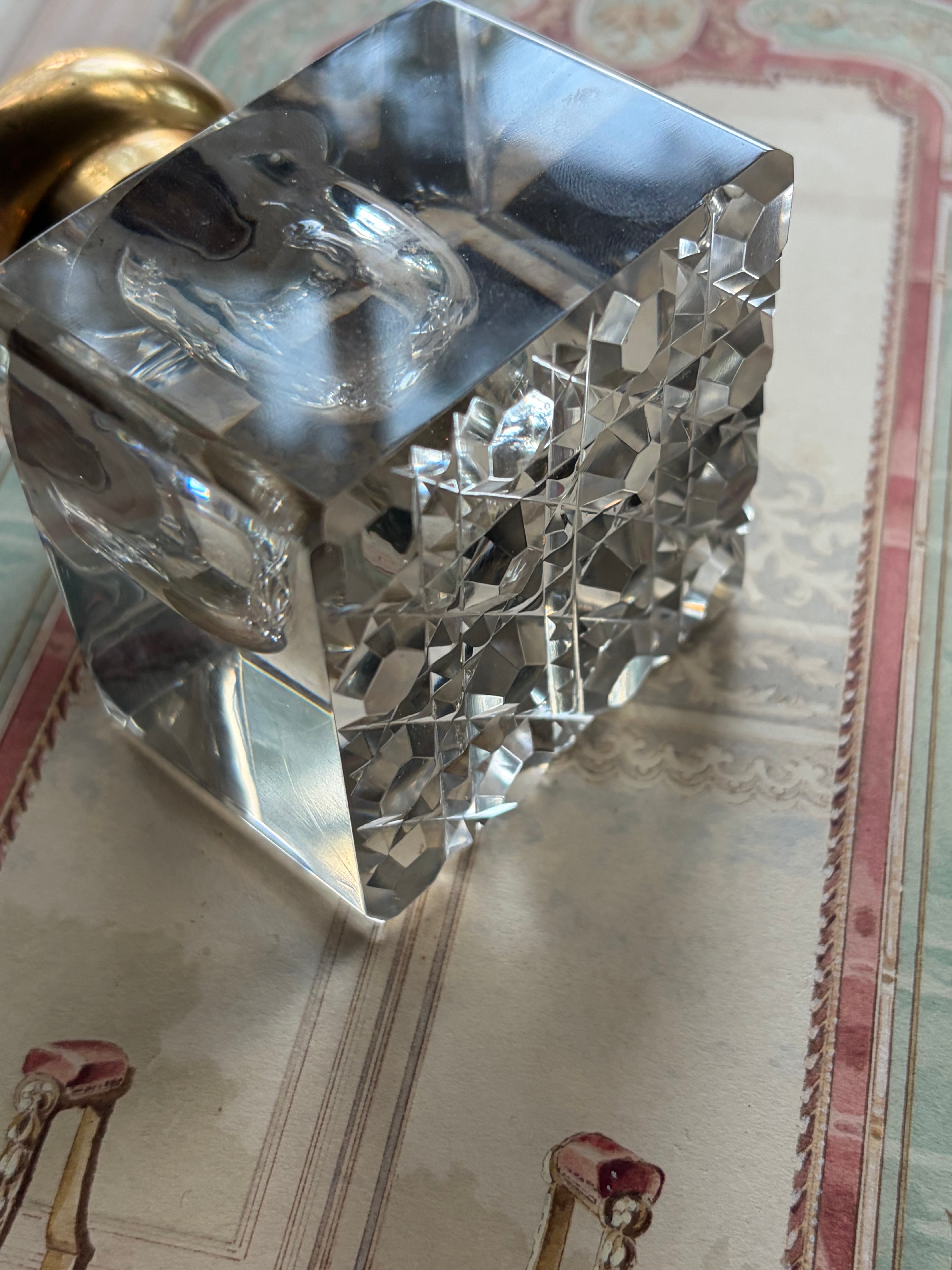 Antique Parisian Crystal & Bronze Inkwell with Enamel Dragonfly Cap