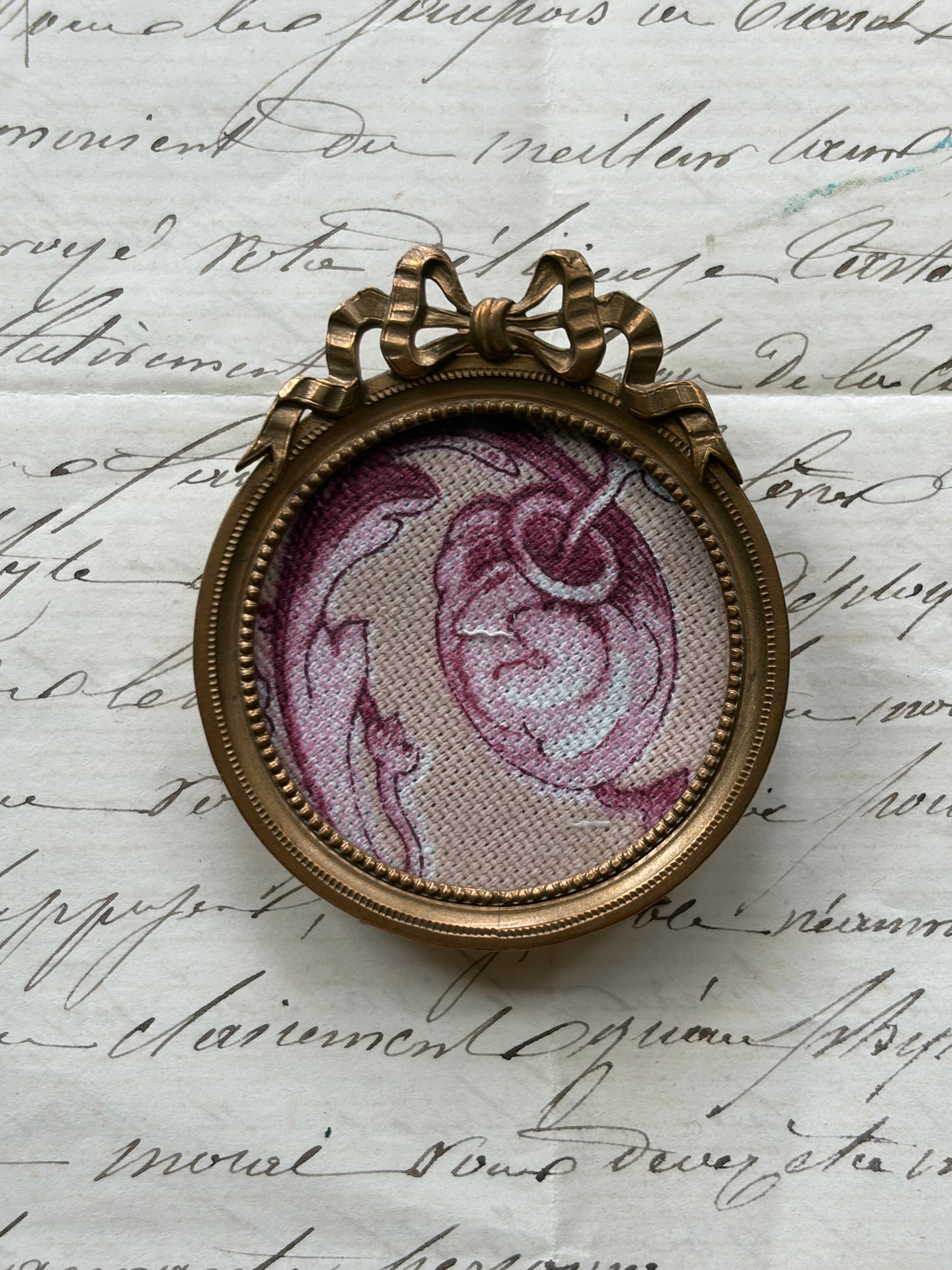 Antique French Gilt Brass Oval Frame with Bow Crest