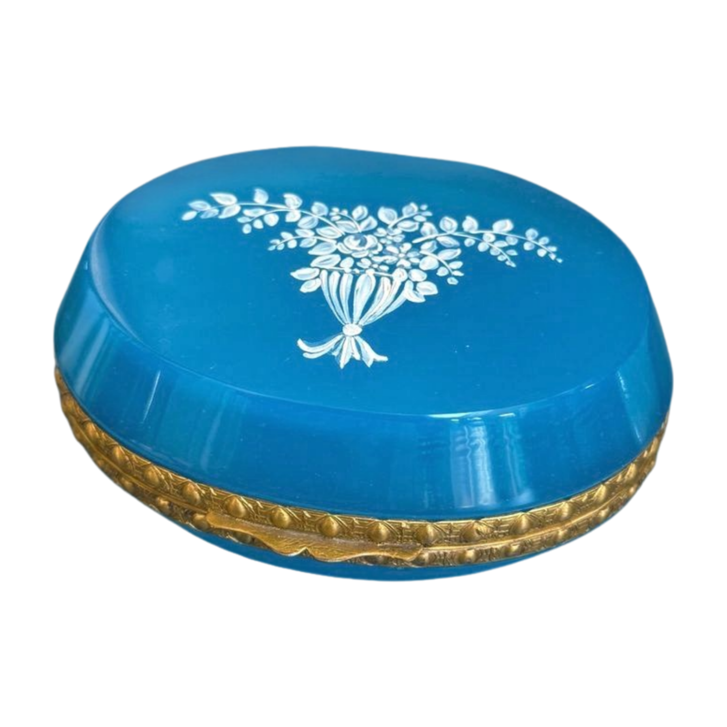 Vintage Blue Opaline Glass Casket with Enamel Floral Decoration