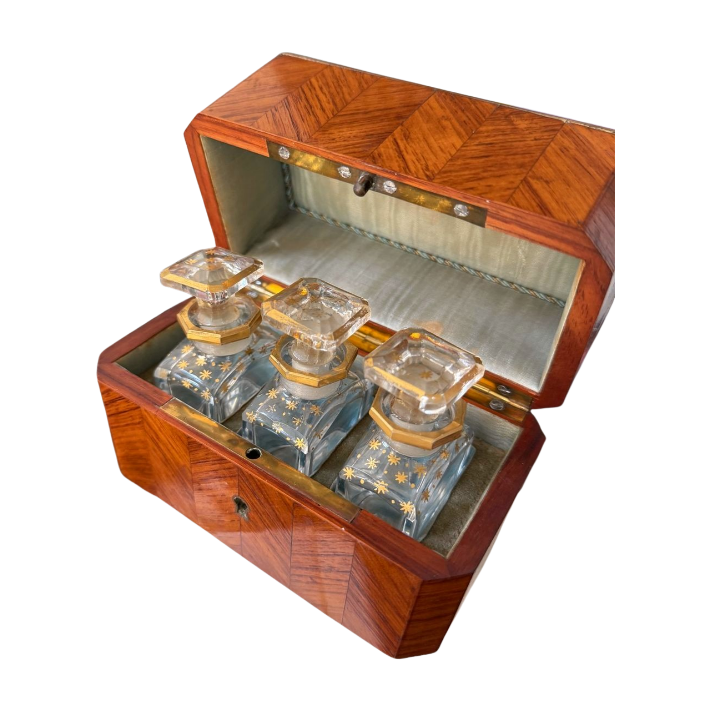 French Perfume Casket with Inlaid Marquetry & Crystal Bottles