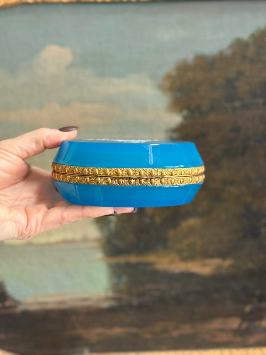 Vintage Blue Opaline Glass Casket with Enamel Floral Decoration