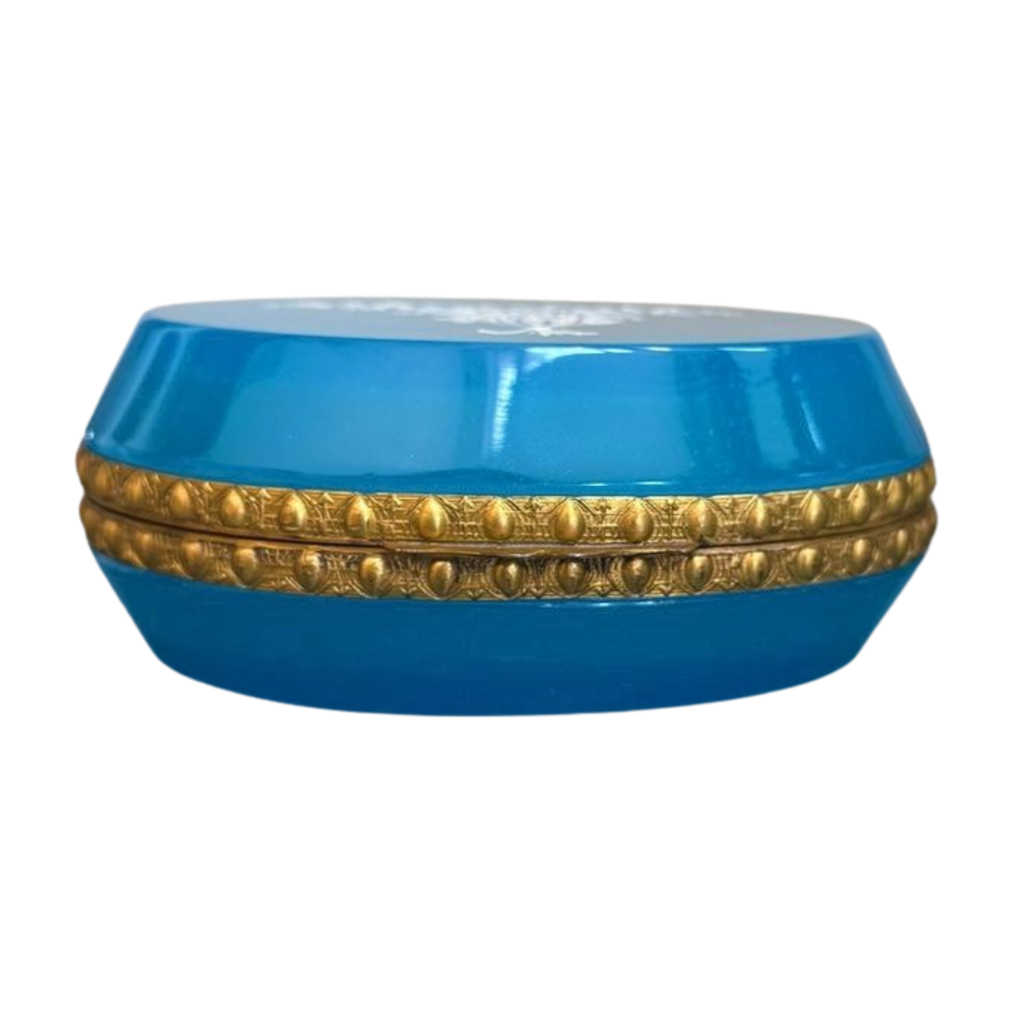 Vintage Blue Opaline Glass Casket with Enamel Floral Decoration