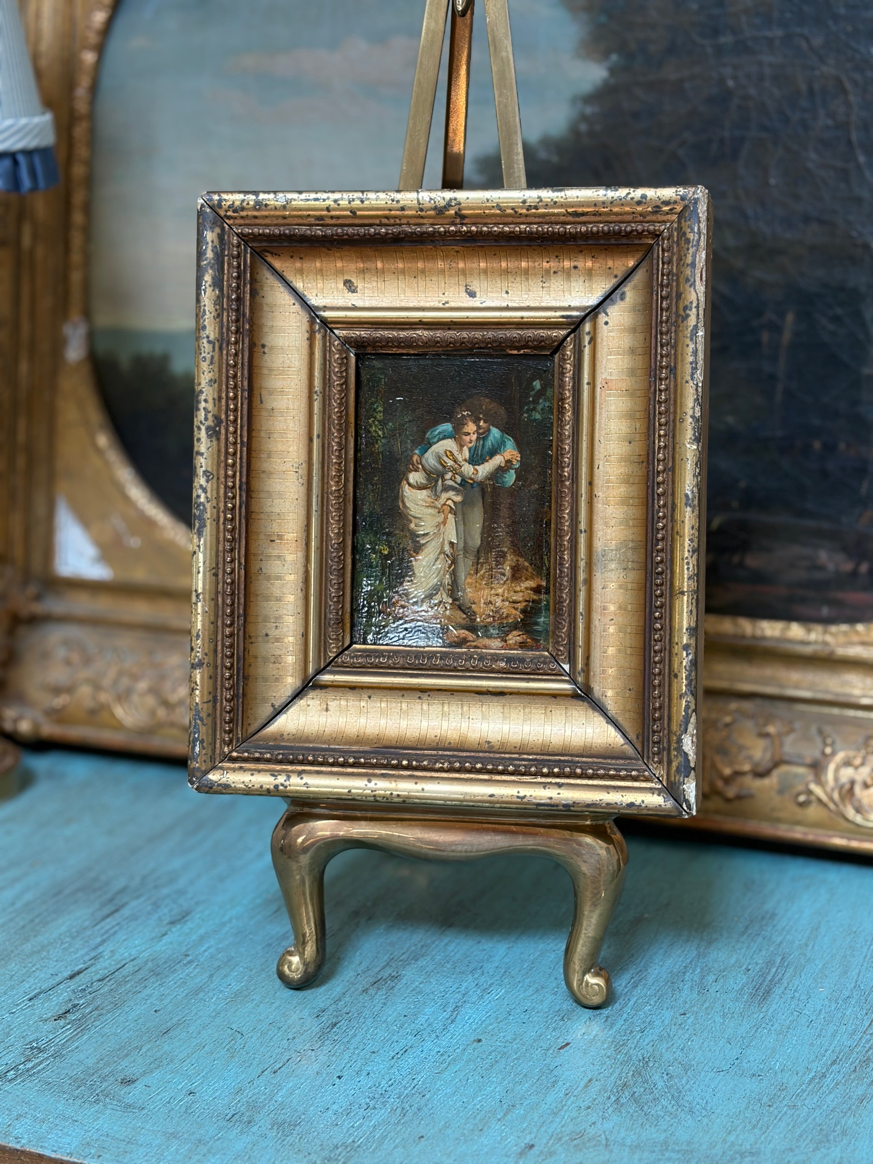 Antique French Romantic Oil on Board Painting in Original Gilt Frame