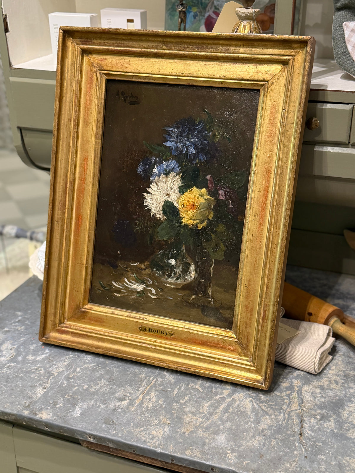 Antique French Floral Still Life Oil on Board, Signed A. Rouby, in Giltwood Frame