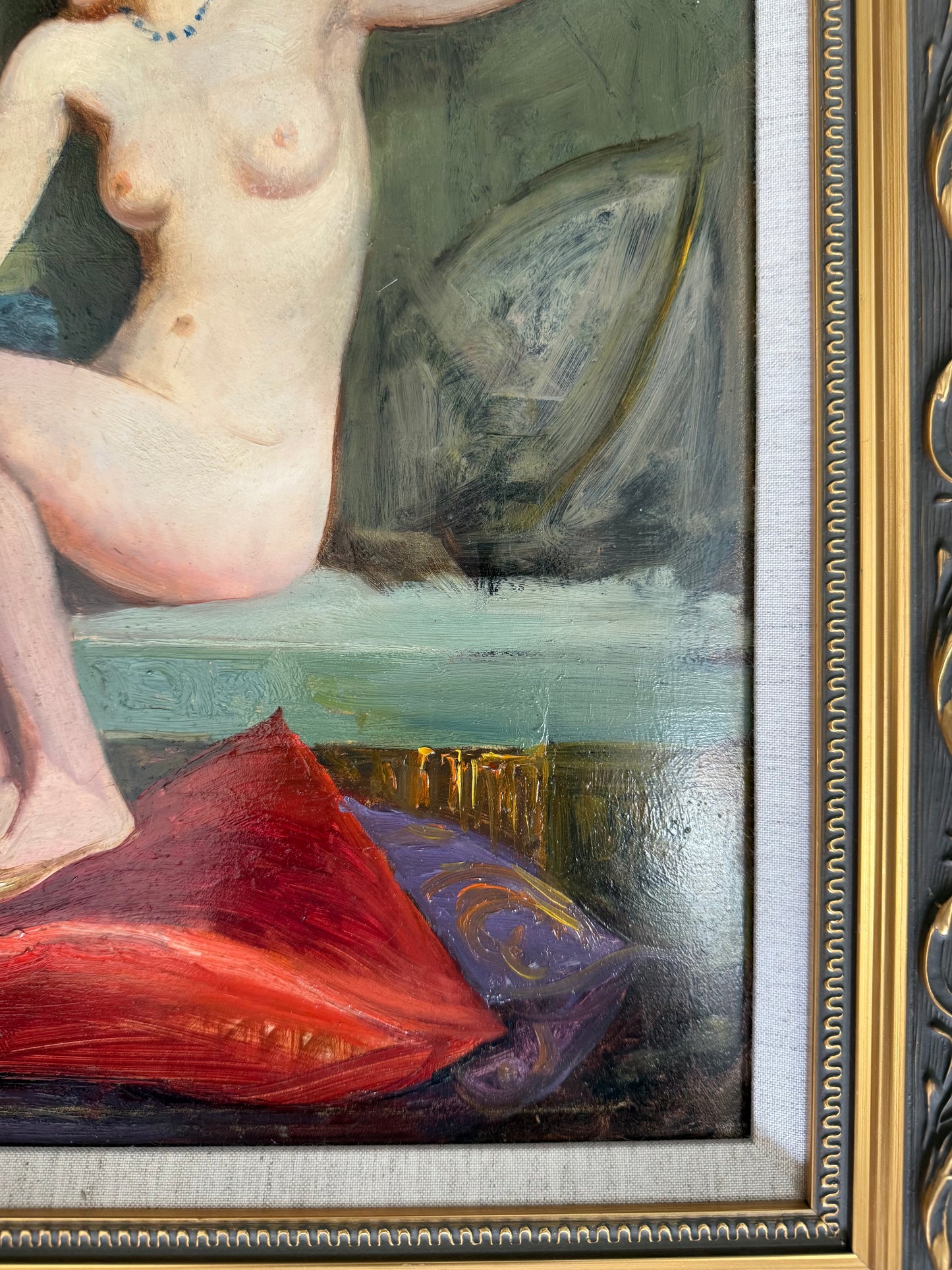 “Nude with Mirror” – European Oil on Board, Mid-20th Century