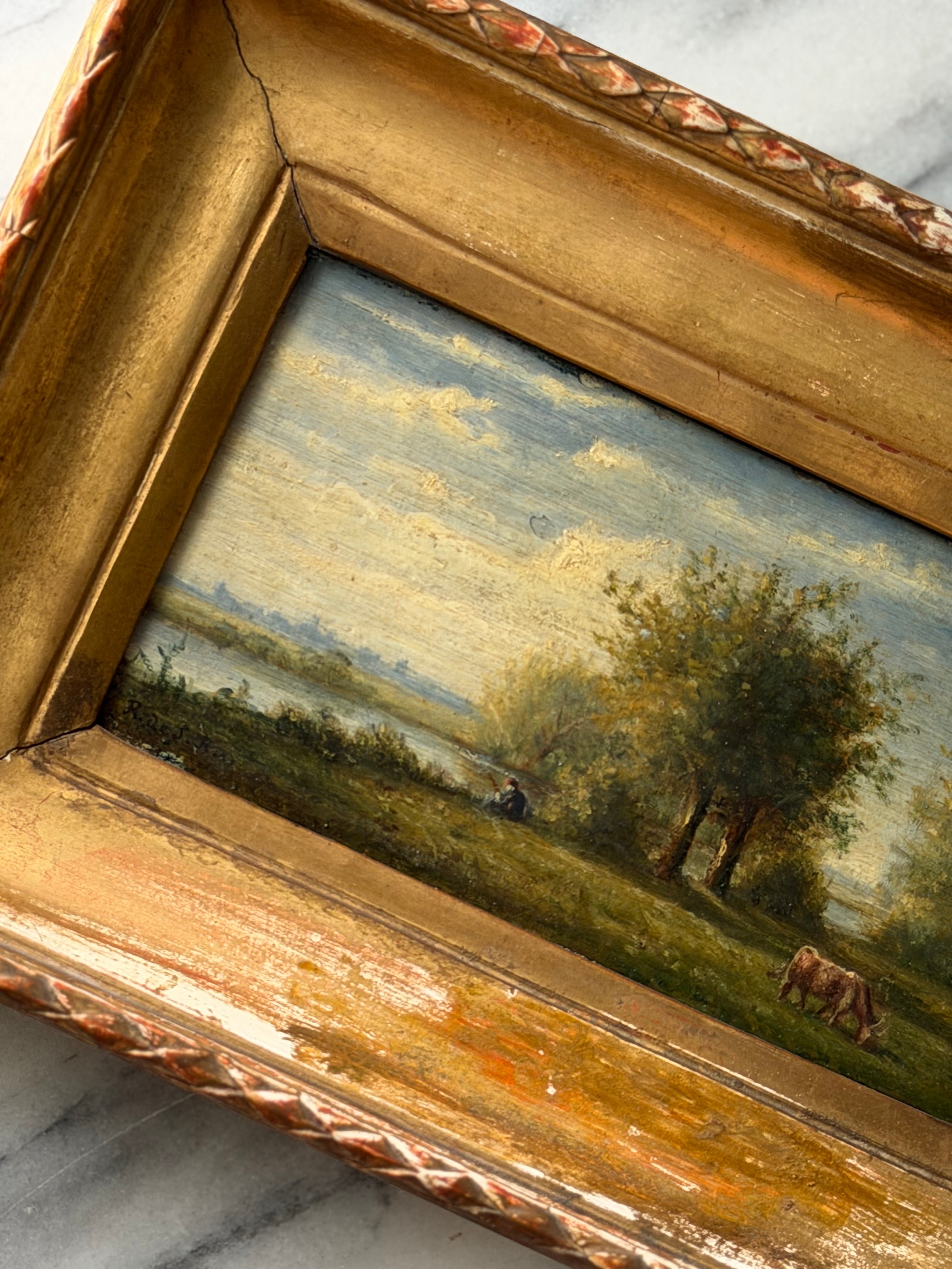 Antique French Pastoral Landscape with Cow, Dated 1876