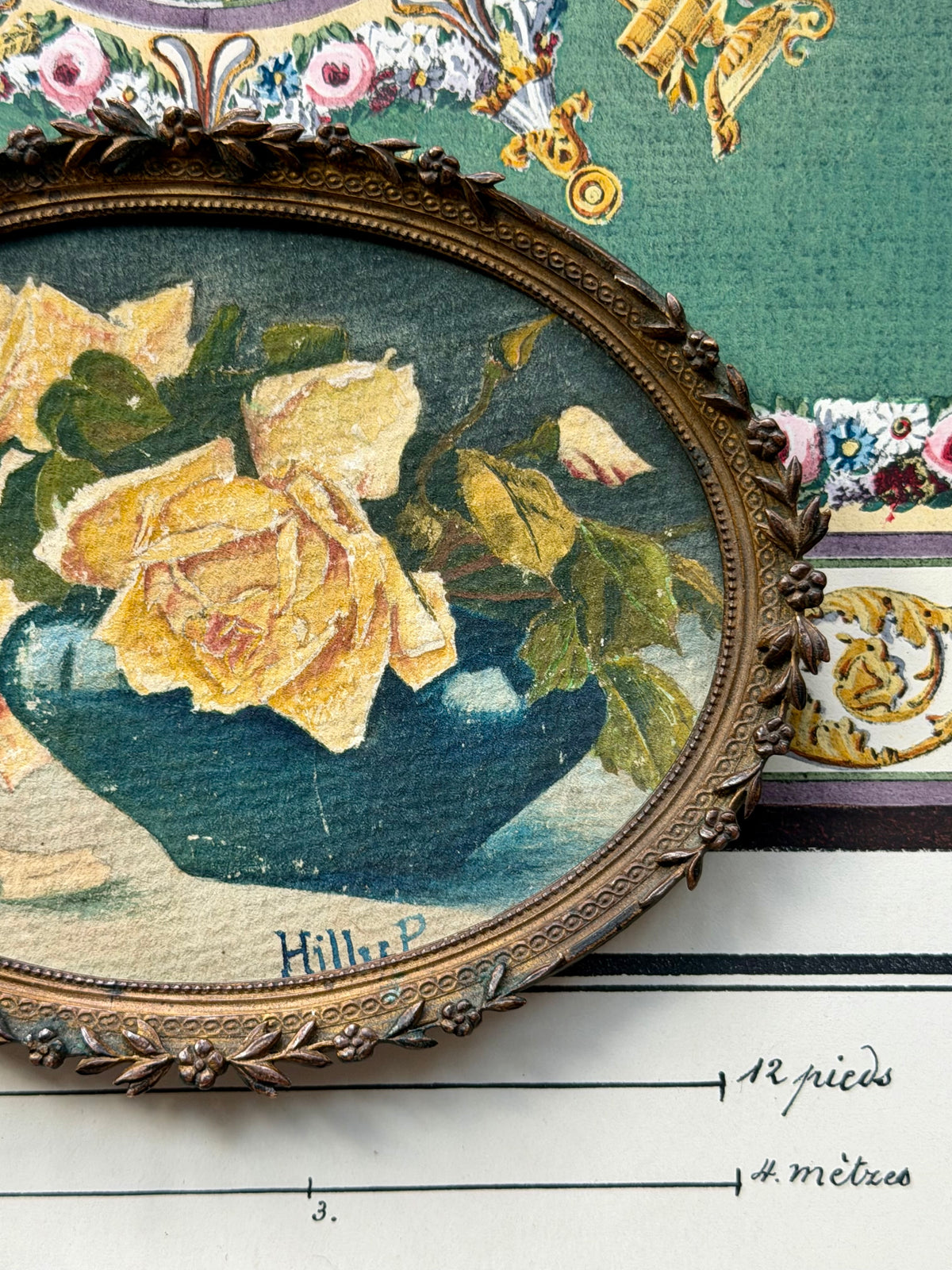 Antique French Oval Watercolor of Yellow Roses in Gilt Metal Laurel Frame