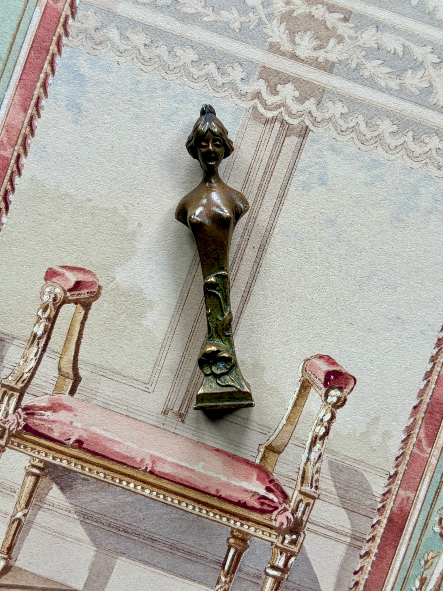 Antique Art Nouveau patinated bronze figural of a nude woman on a draped base, French decorative bronze finial or mount