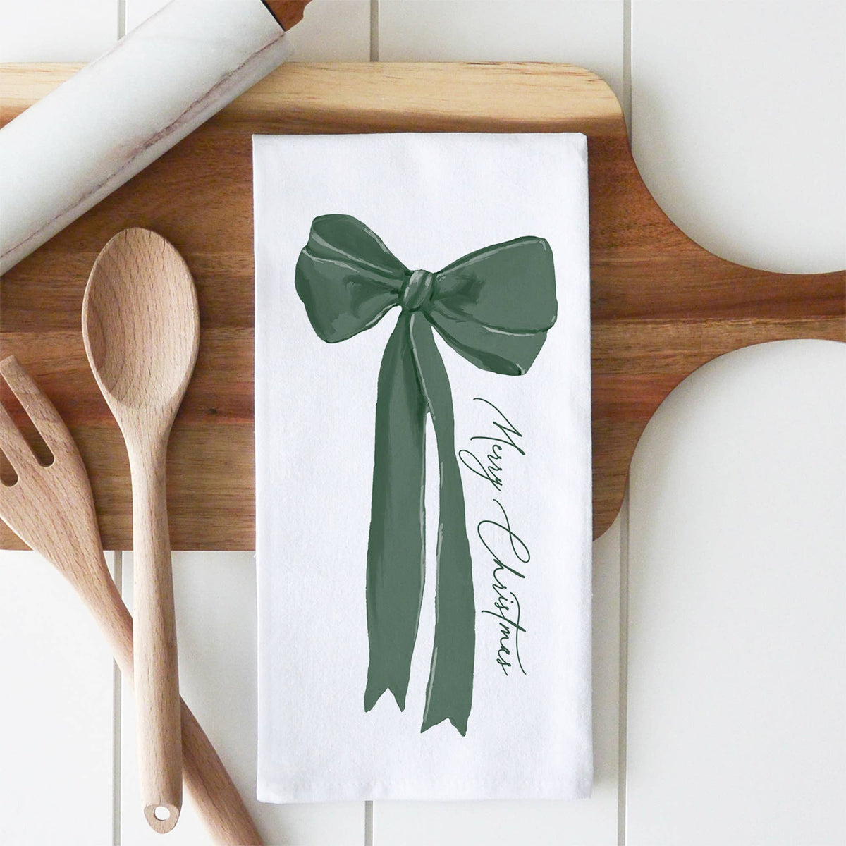 Merry Christmas Bow Tea Towel: White