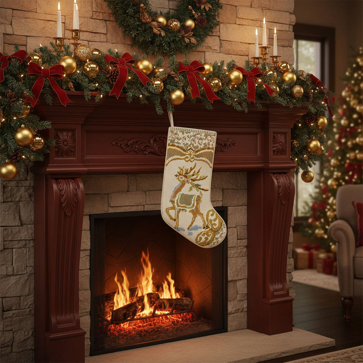 Reindeer Embroidered Stocking