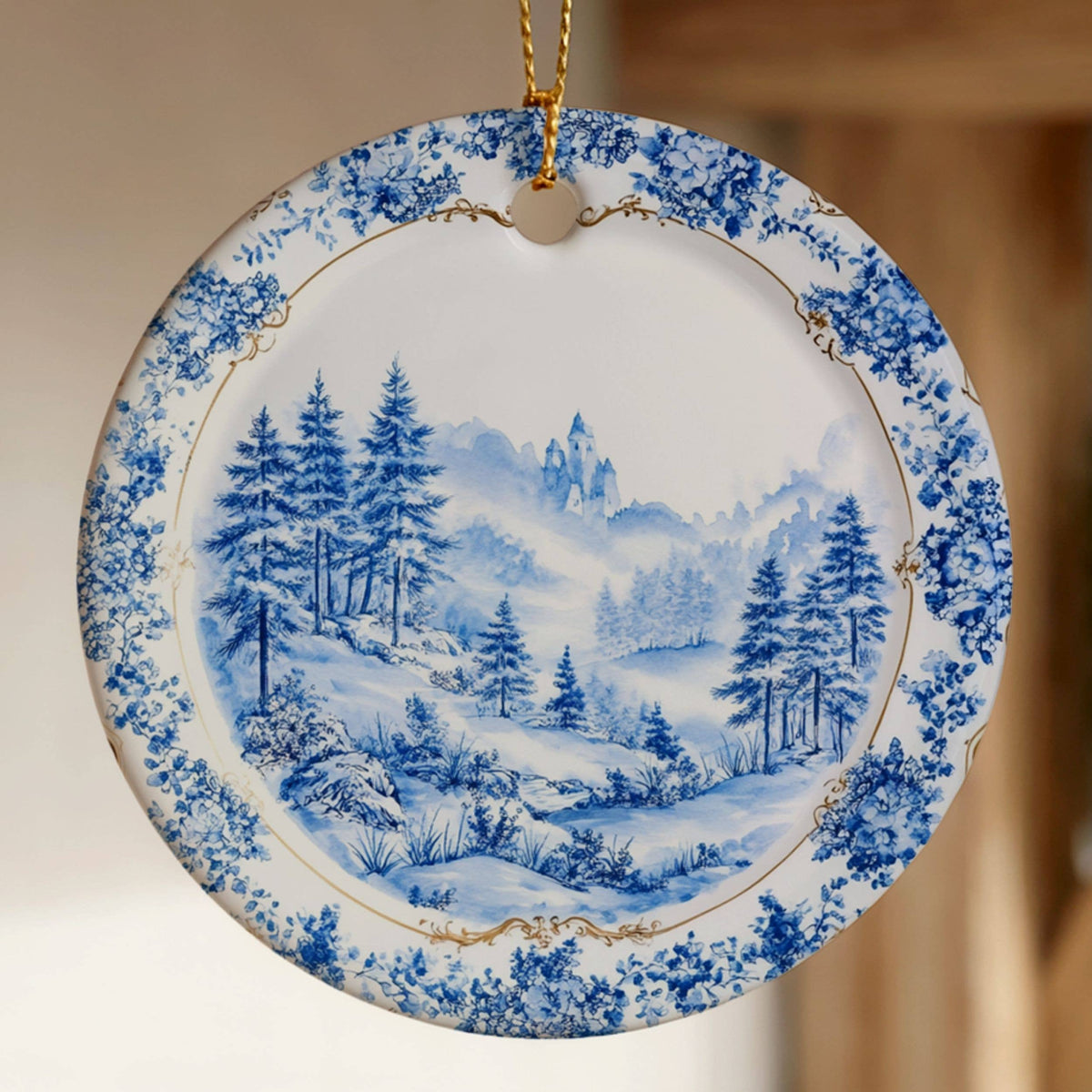 Toile Christmas Ornament, Ceramic Chinoiserie China Plate