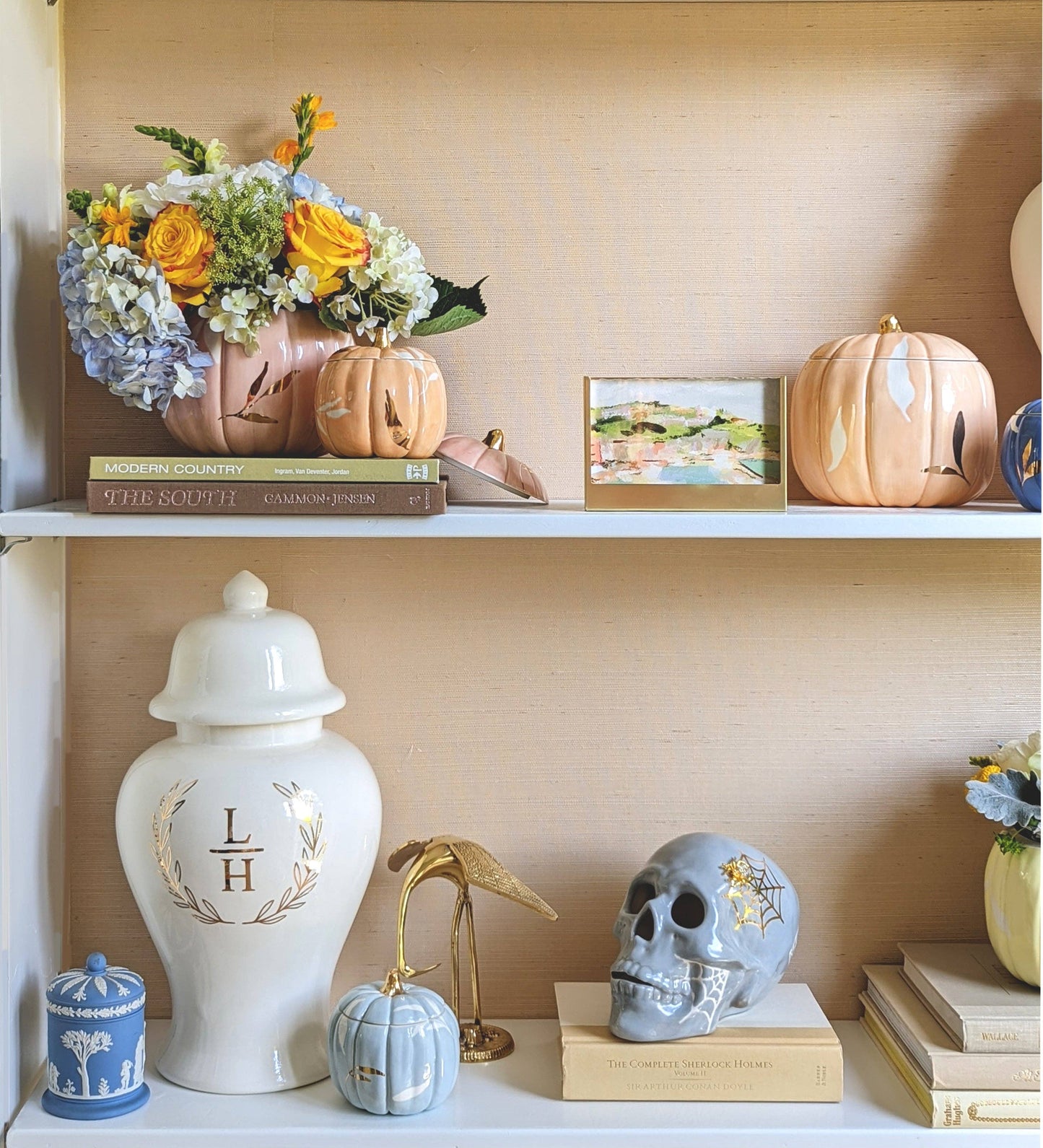Layered Leaves Pumpkin Jars with 22K Gold Accents in Sheer Orange: Medium
